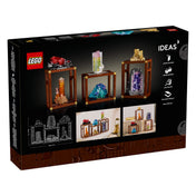 A LEGO Ideas: Mineral Collection (21362) doboz hátoldala, amely közelebbi részleteket mutat az egyes kristályokról, valamint a modell méreteiről és dekoratív elhelyezési lehetőségeiről.