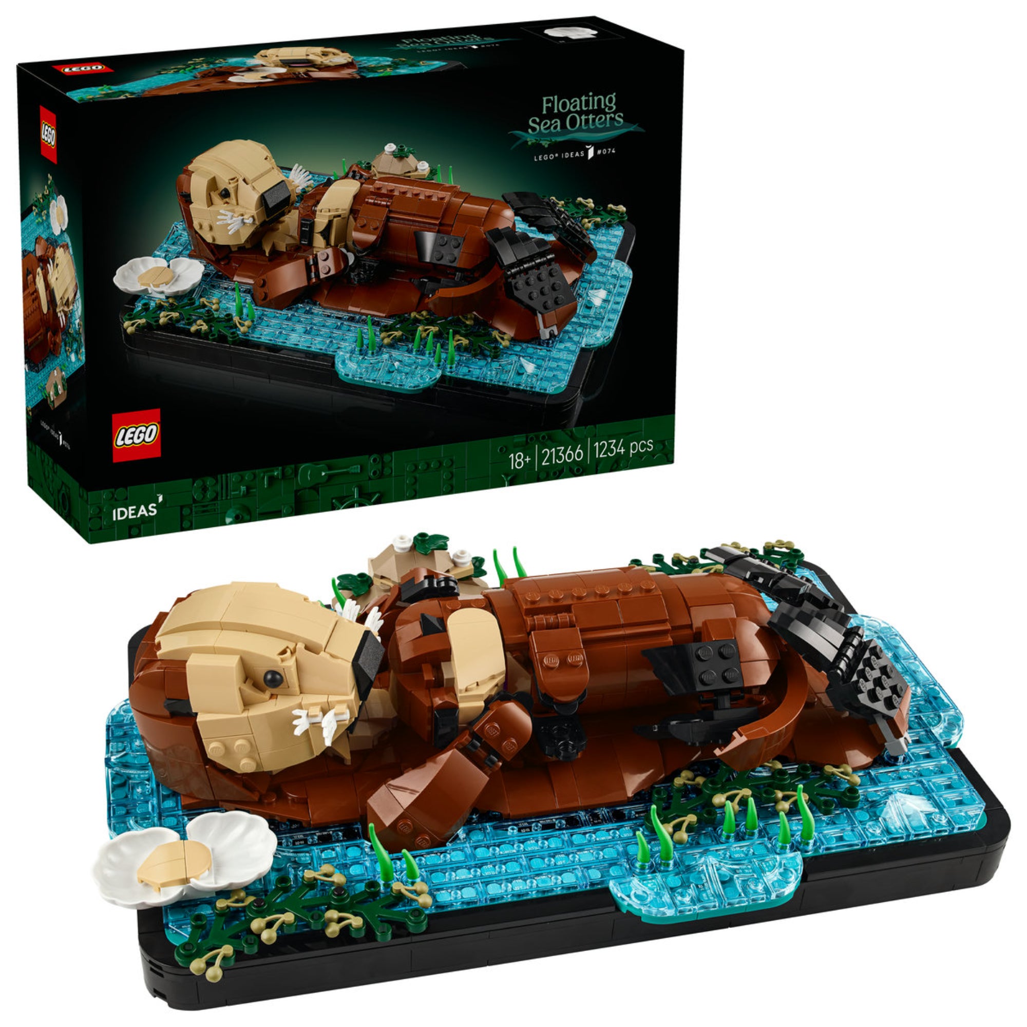 LEGO Ideas Floating Sea Otters 21366 doboz és a megépített tengeri vidra LEGO modell vízfelszínt ábrázoló talapzaton.