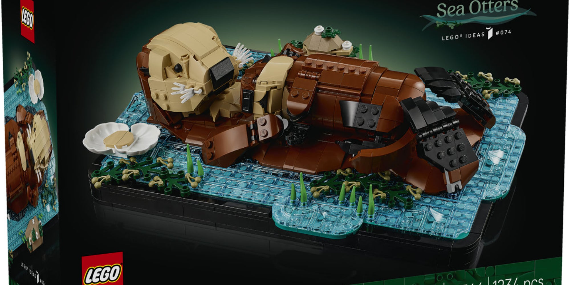 LEGO Ideas Floating Sea Otters 21366 készlet dobozának eleje a lebegő tengeri vidra LEGO modell képével.