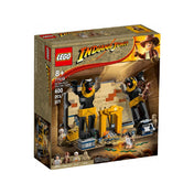  LEGO Indiana Jones Menekülés az elveszett sírból készlet doboza 600 darabbal, az előtérben a szett részletes grafikájával és Indiana Jones ikonikus ostorával.