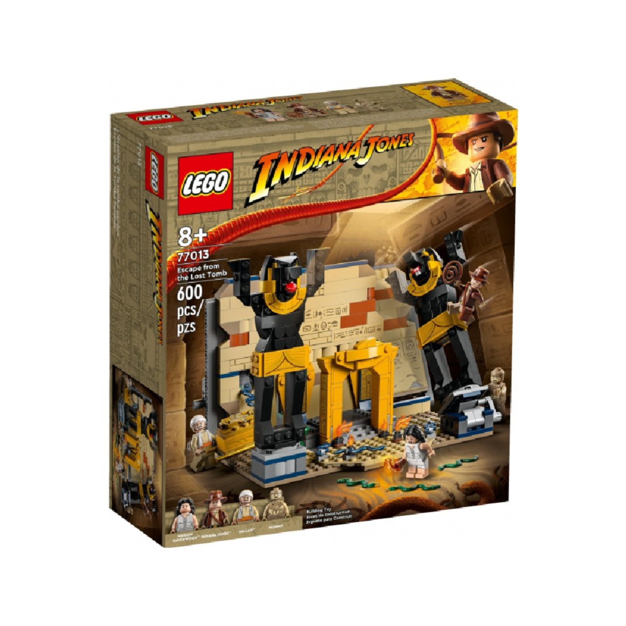  LEGO Indiana Jones Menekülés az elveszett sírból készlet doboza 600 darabbal, az előtérben a szett részletes grafikájával és Indiana Jones ikonikus ostorával.