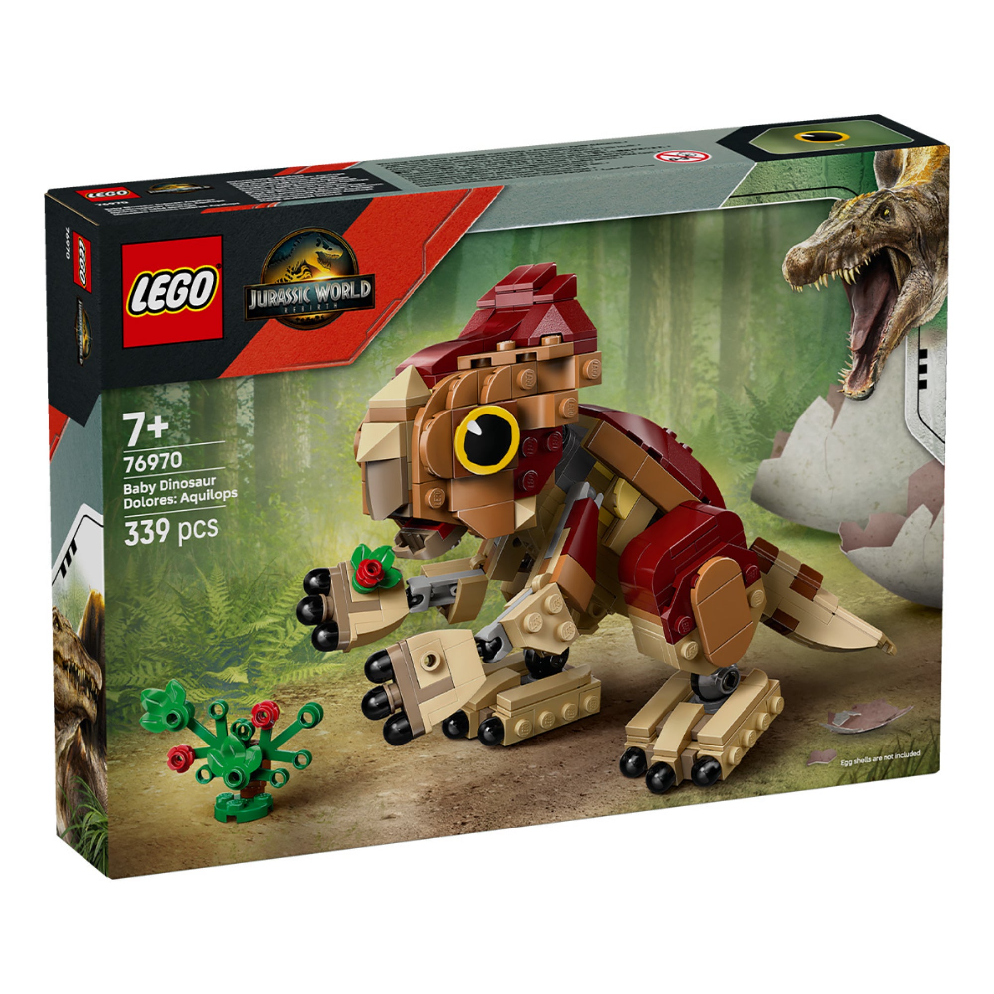A LEGO Jurassic World Baby Dinosaur Dolores: Aqiulops (76970) doboza elölről, az erdős háttérben látható fiatal dinoszaurusz figurával és LEGO logóval.