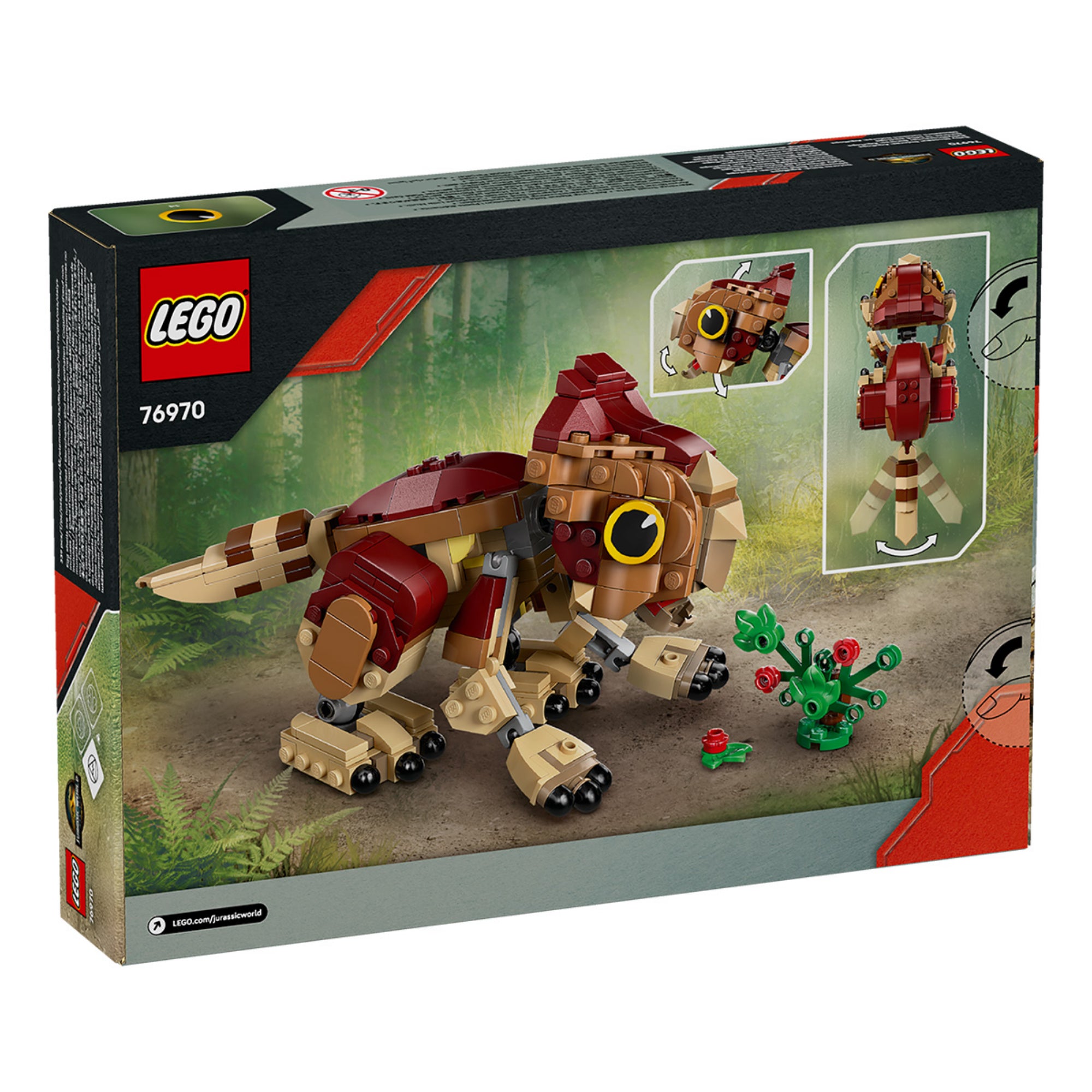 A LEGO Jurassic World Baby Dinosaur Dolores: Aqiulops (76970) dobozának hátoldala, amely a dinoszaurusz mozgatható részeit és funkcióit mutatja be.