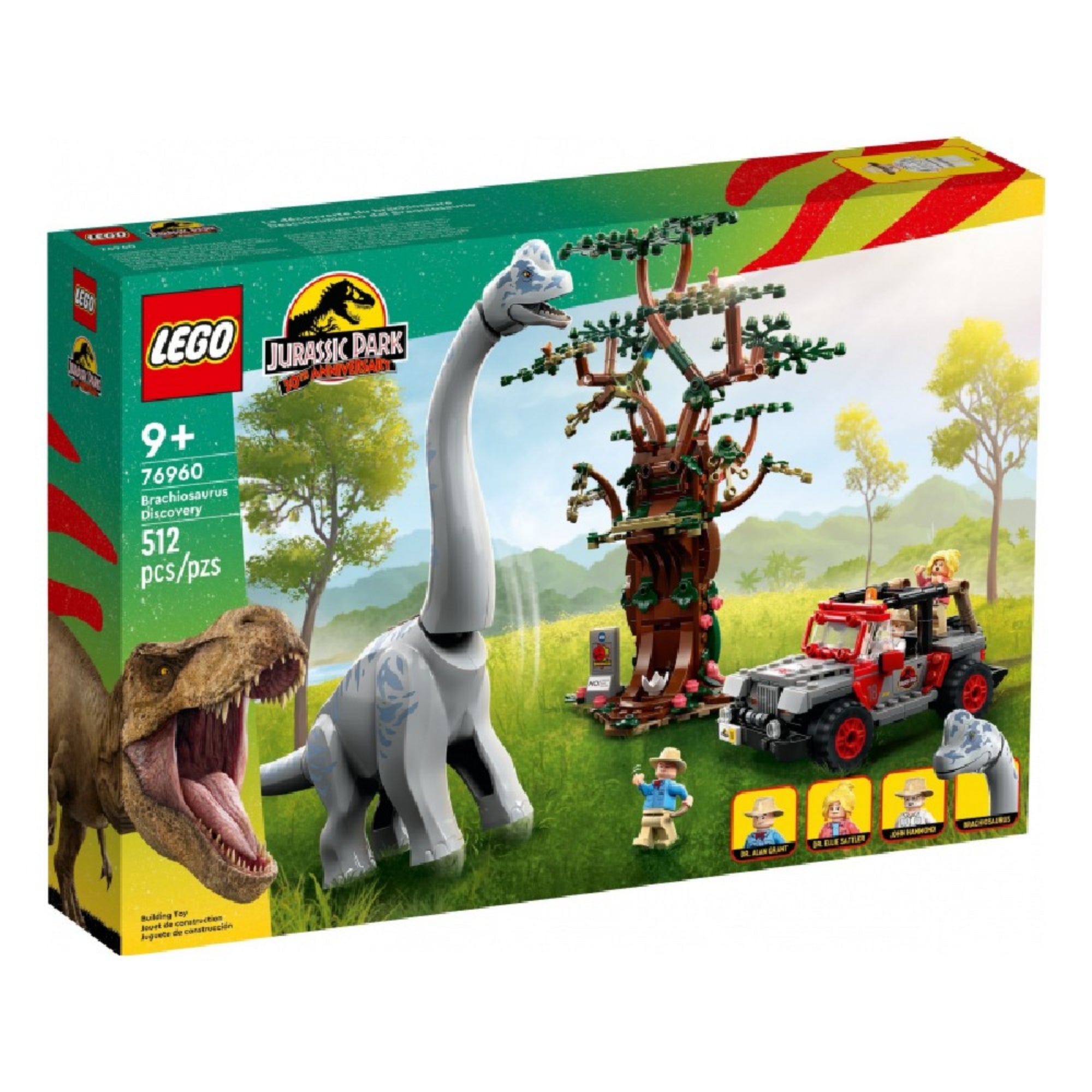 A LEGO Jurassic World 76960 készlet doboza elölről, rajta a Brachiosaurus figura, a terepjáró, három minifigura, dzsungeles háttér, és a LEGO Jurassic World logó. A doboz 512 darabos készletet jelez.