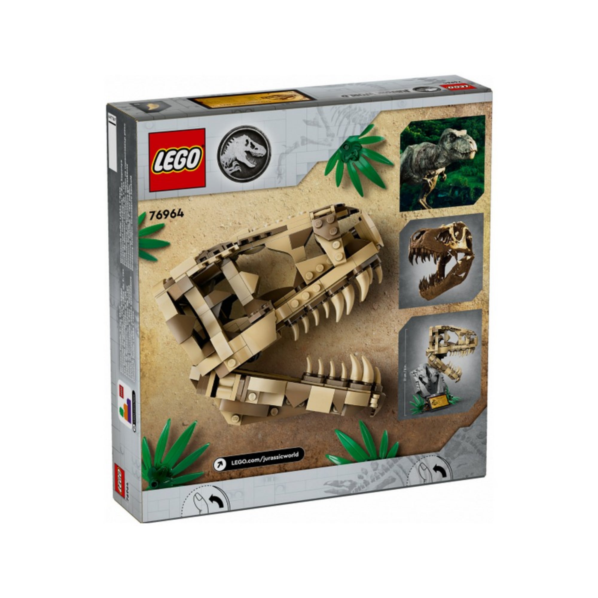 LEGO Jurassic World T. Rex koponya (76964) doboz hátoldala – felülnézeti kép a koponyáról, valódi T. Rex koponya fotóval, építési funkciók bemutatásával és dinoszauruszos dizájnelemekkel.