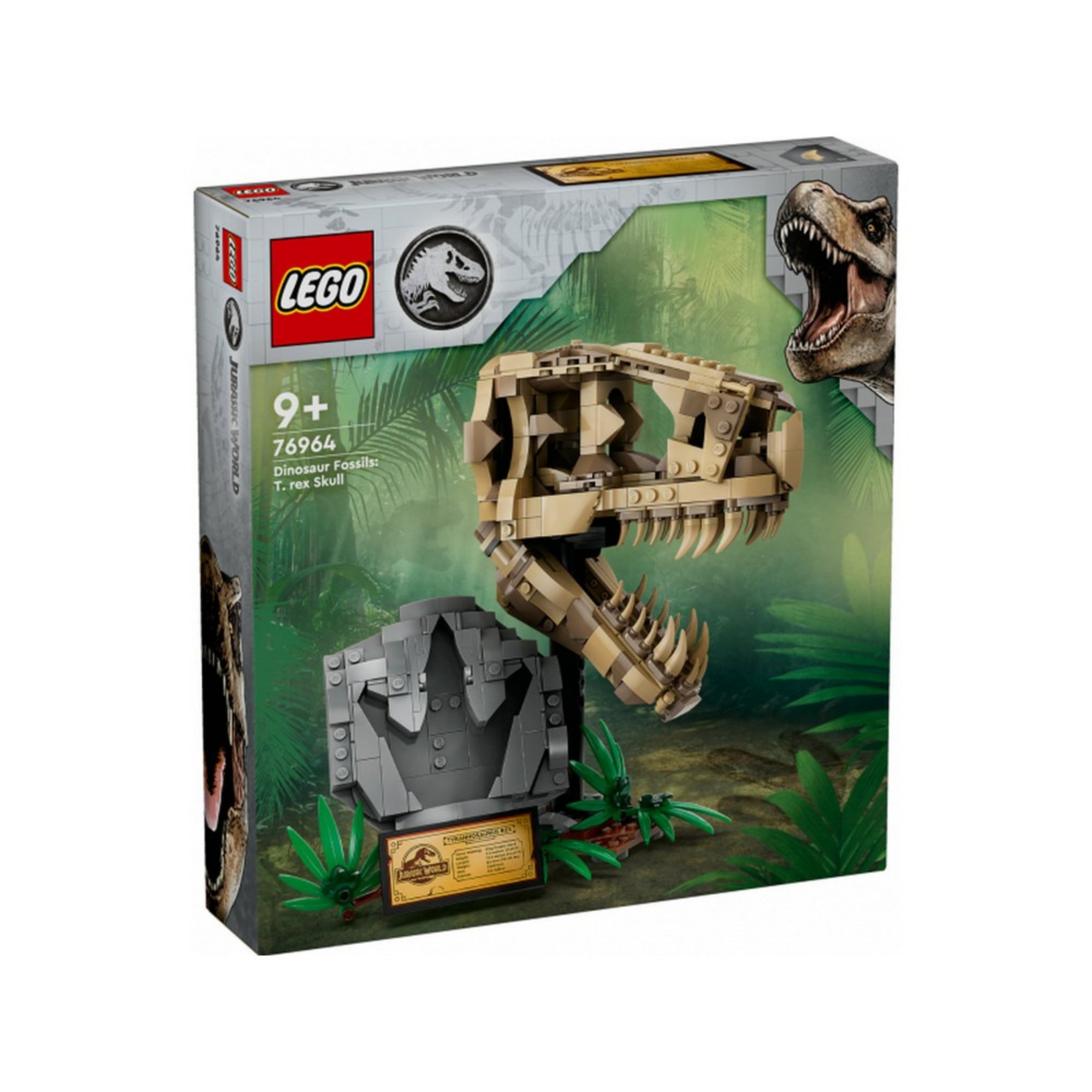 LEGO Jurassic World T. Rex koponya (76964) doboza elölnézetből – dzsungeles háttérrel, LEGO és Jurassic World logókkal, a készlet ajánlott korosztályával és a látványos, megépített koponya képével.