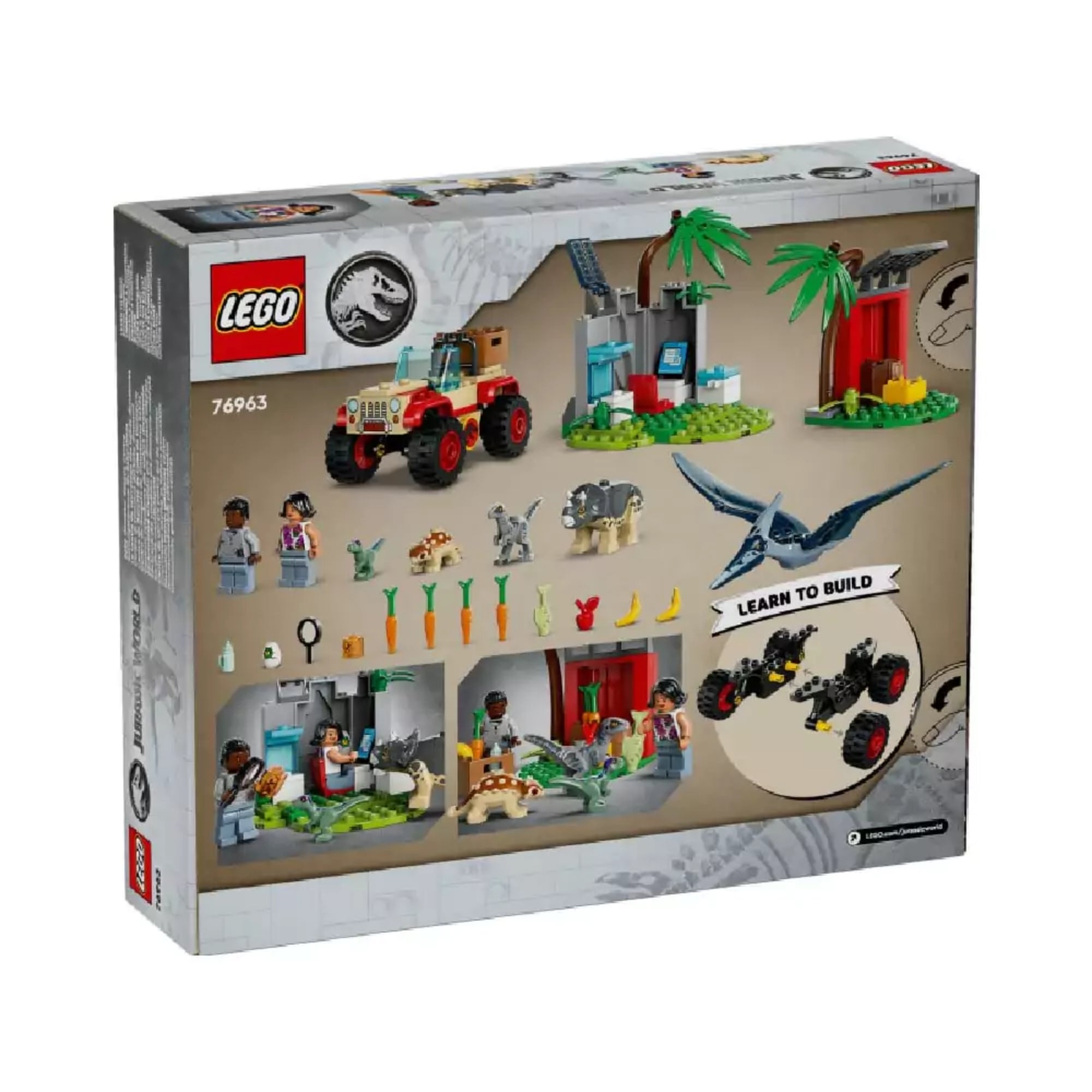 A LEGO Jurassic World Kis dinók mentőközpont (76963) doboz hátoldala, részletesen bemutatva a készlet tartalmát: építőelemek, figurák, jármű összeszerelési lépései és játékjelenetek.