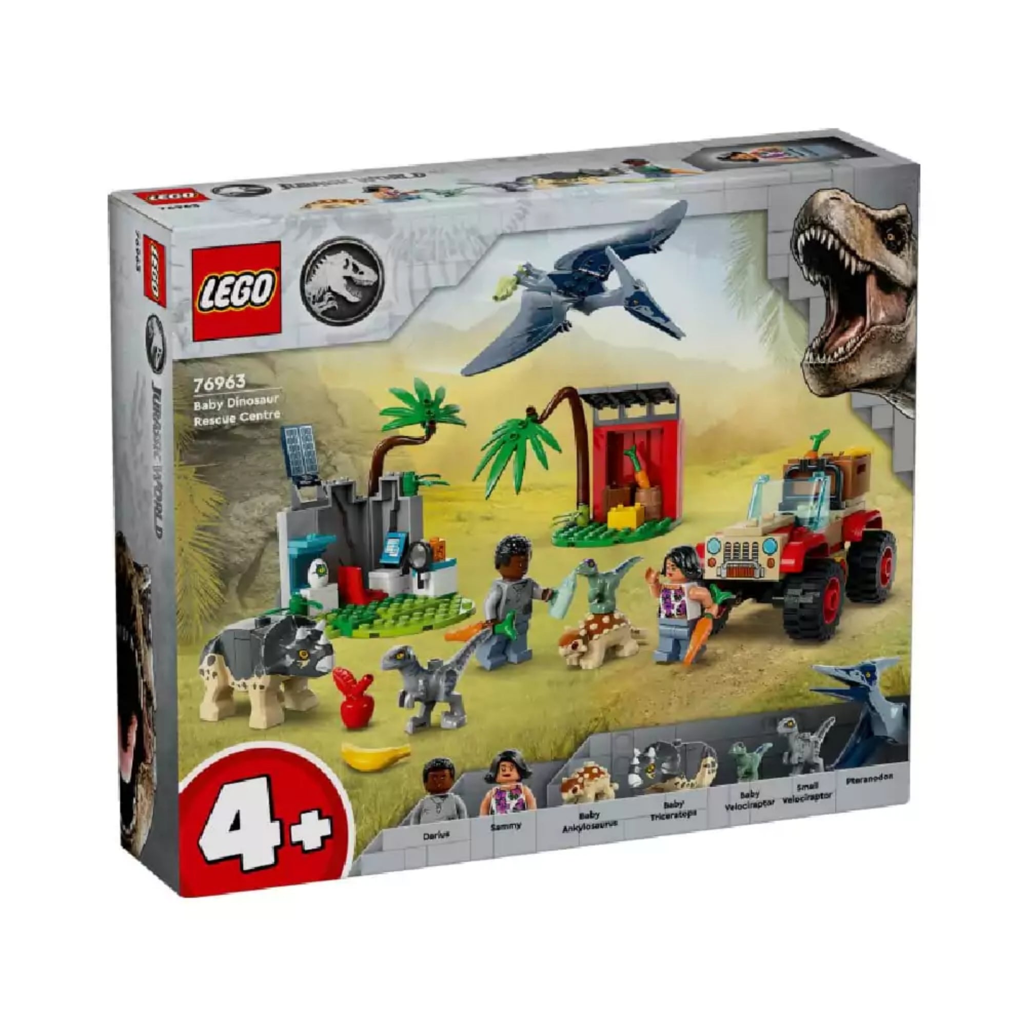 A LEGO Jurassic World Kis dinók mentőközpont (76963) készlet színes doboza, amelyen a teljes készlet elemei és karakterei láthatók, köztük a dinoszaurusz figurák, jármű és szereplők, 4+ korosztályi ajánlással.