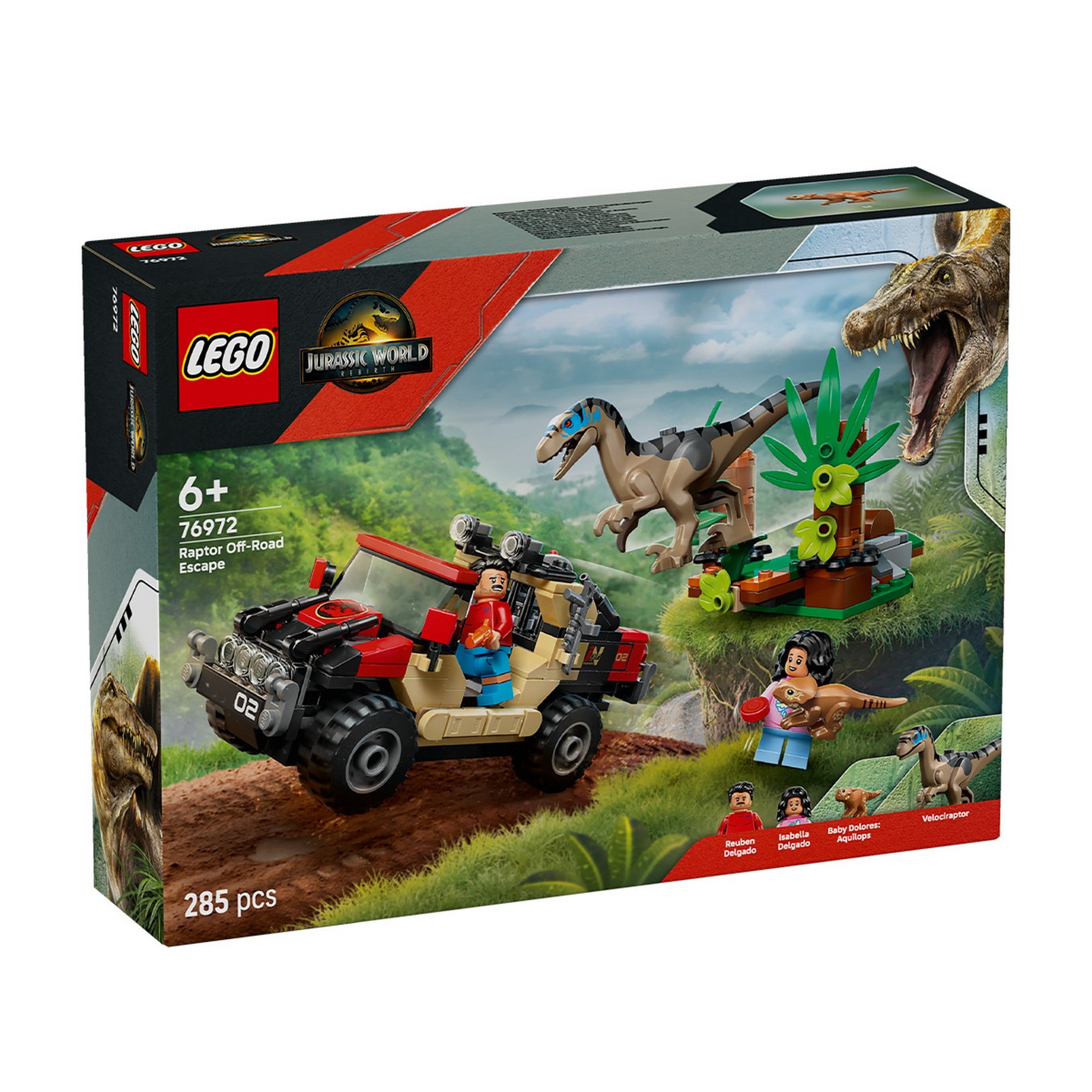 „LEGO Jurassic World – Raptor Off-Road Escape (76972) doboz előlapja: terepjáróval menekülő minifigurák, üldöző raptor és dzsungel háttér.”