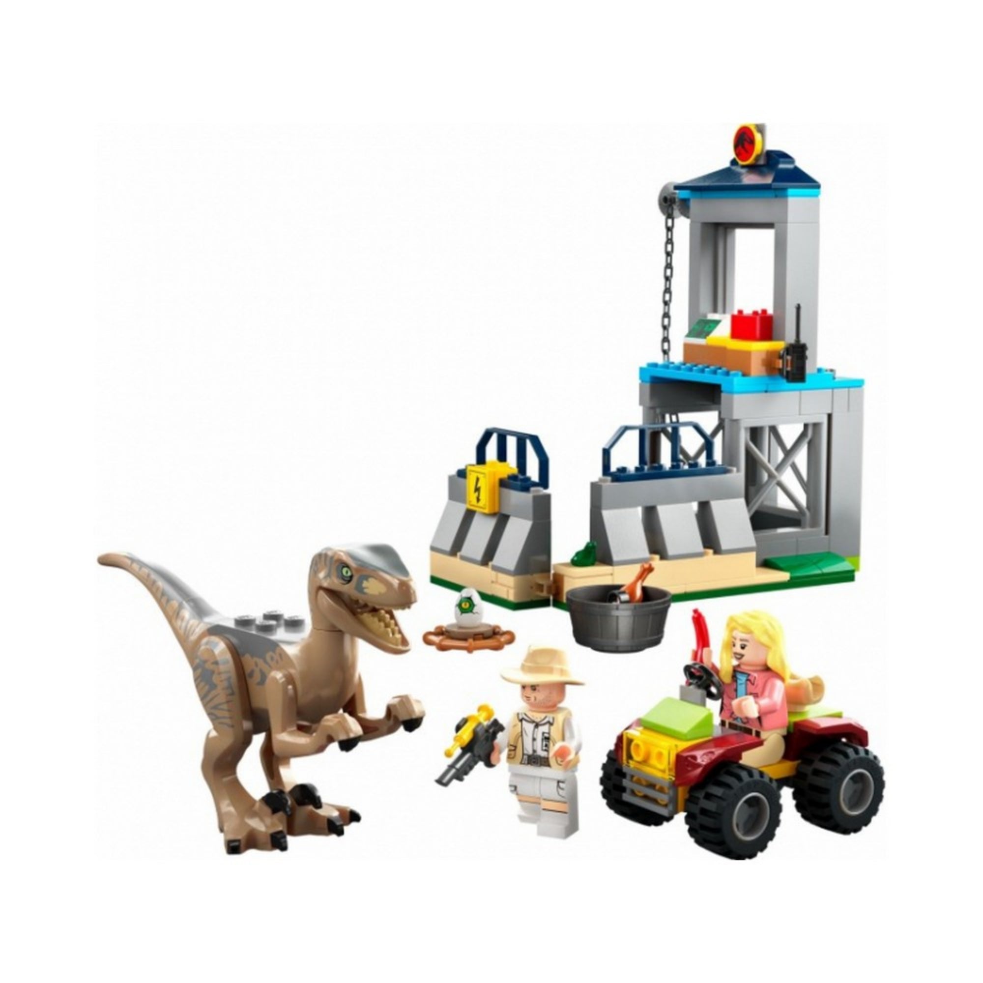 A LEGO Jurassic World Velociraptor szökés (76957) készlet összerakott változata, rajta a mozgatható Velociraptorral, a ketreccel és az épített járdával.