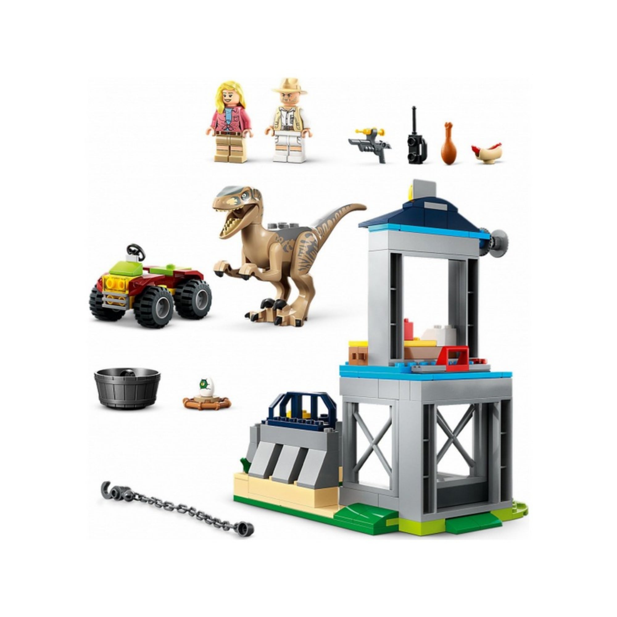A LEGO Jurassic World Velociraptor szökés (76957) teljes készlete, beleértve a ketrecet, járdát, minifigurákat és a Velociraptor dinoszauruszt.