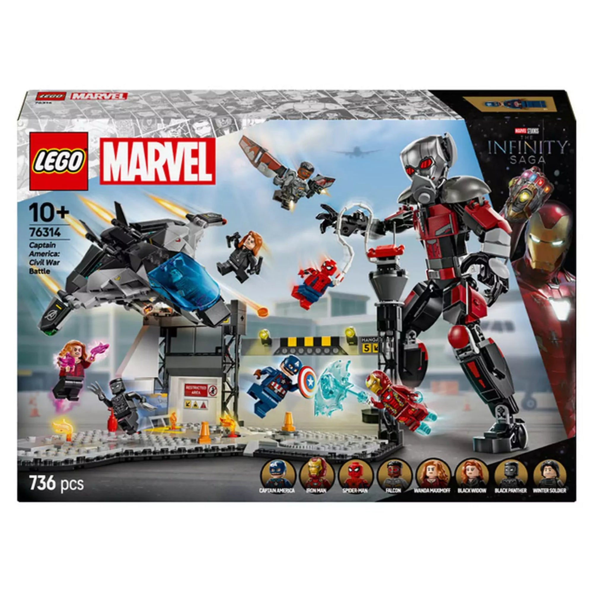 LEGO Marvel Amerika Kapitány: Polgárháború csatajelenet szett doboza, amely 736 építőelemet tartalmaz és ikonikus jeleneteket ábrázol a Marvel univerzumból.
