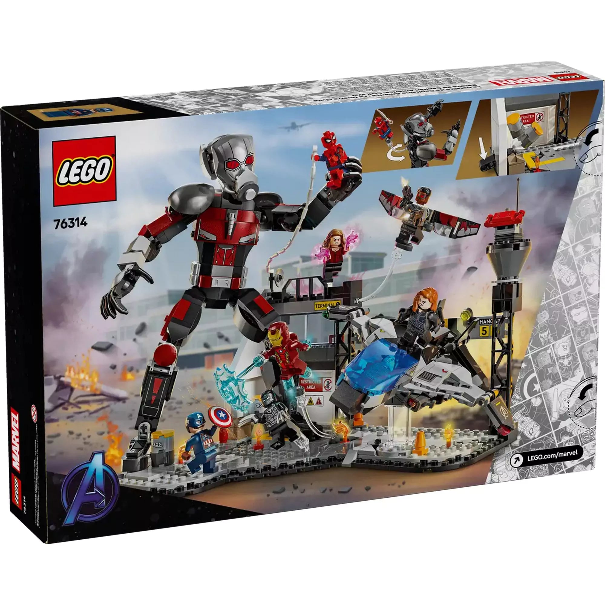 A LEGO Marvel Amerika Kapitány: Polgárháború csatajelenet szett hátoldala, amely részletesen bemutatja a szett funkcióit és minifigurákat.