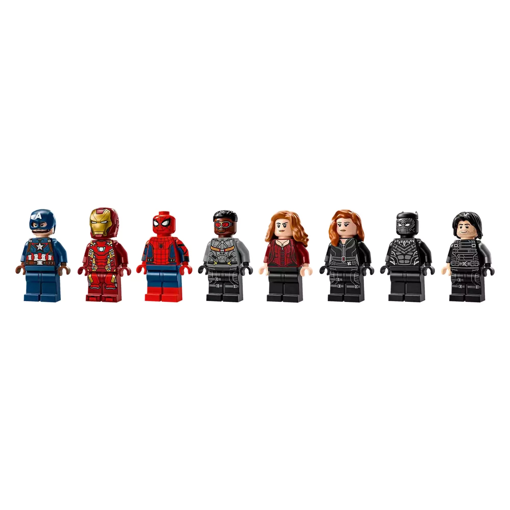 A LEGO Marvel szett minifiguráinak sora, köztük ikonikus hősök, például Amerika Kapitány, Vasember és Pókember.