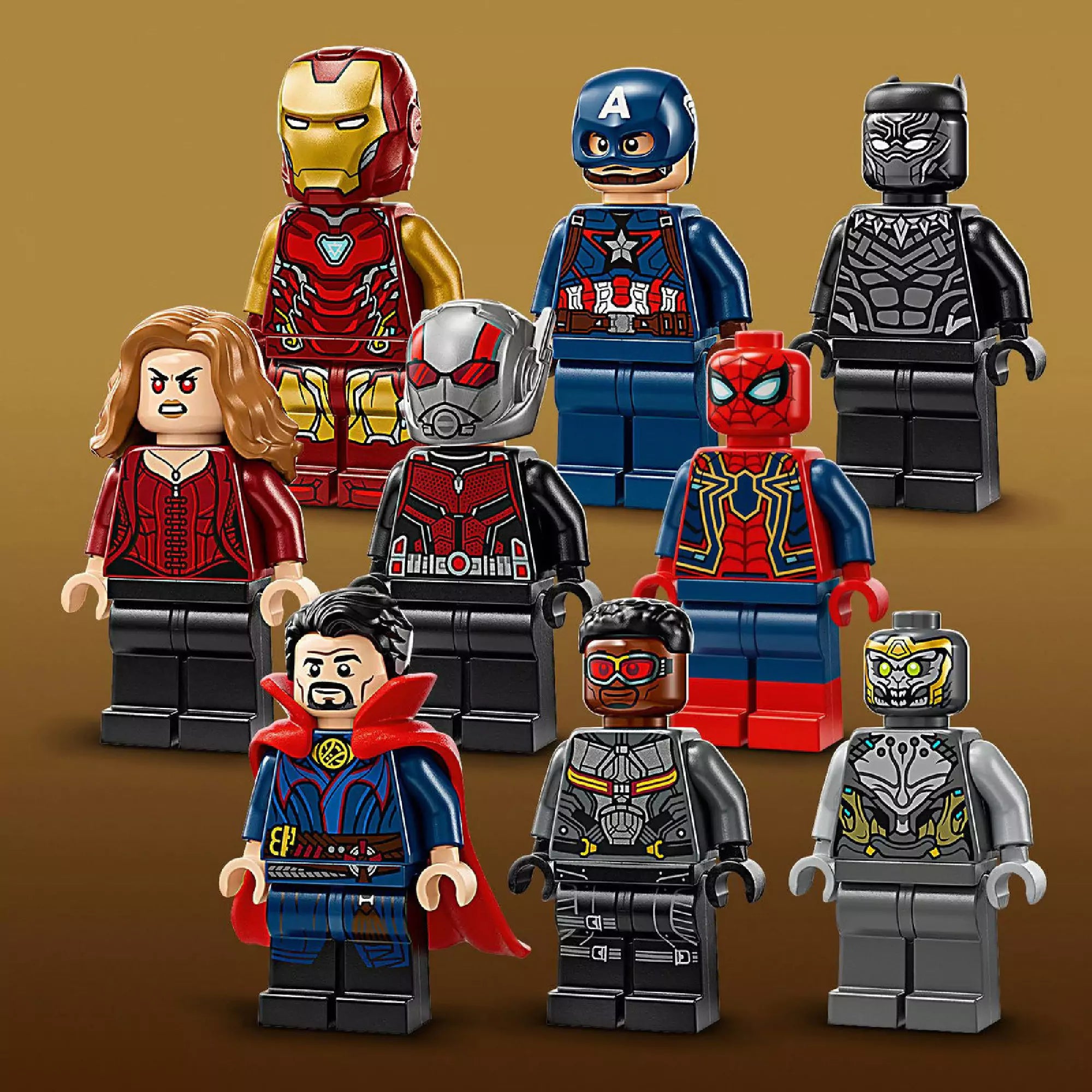 LEGO Marvel 76323 szett tíz részletes minifigurája: Vasember, Amerika Kapitány, Fekete Párduc, Skarlát Boszorkány, Hangya, Pókember, Doctor Strange, Sólyom, Chitauri és Thanos.