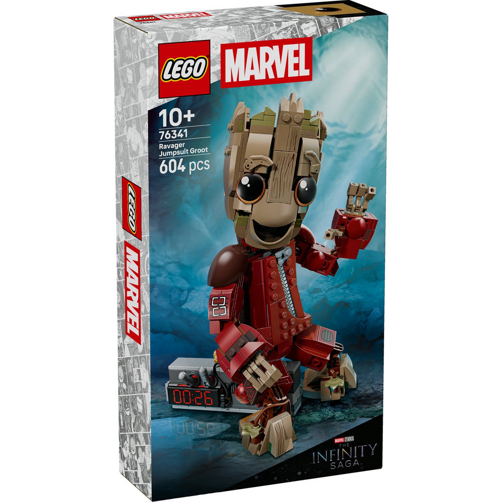 LEGO Marvel Ravager Jumpsuit Groot 76341 készlet előlapja, mosolygó Groot karakterrel piros Ravager ruhában, 604 darabos építőszettel, Infinity Saga felirattal