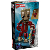 LEGO Marvel Ravager Jumpsuit Groot 76341 készlet hátlapja, a Groot figura teljes alakos megjelenítésével, méretaránnyal és a robbanó detonátor építhető részleteivel