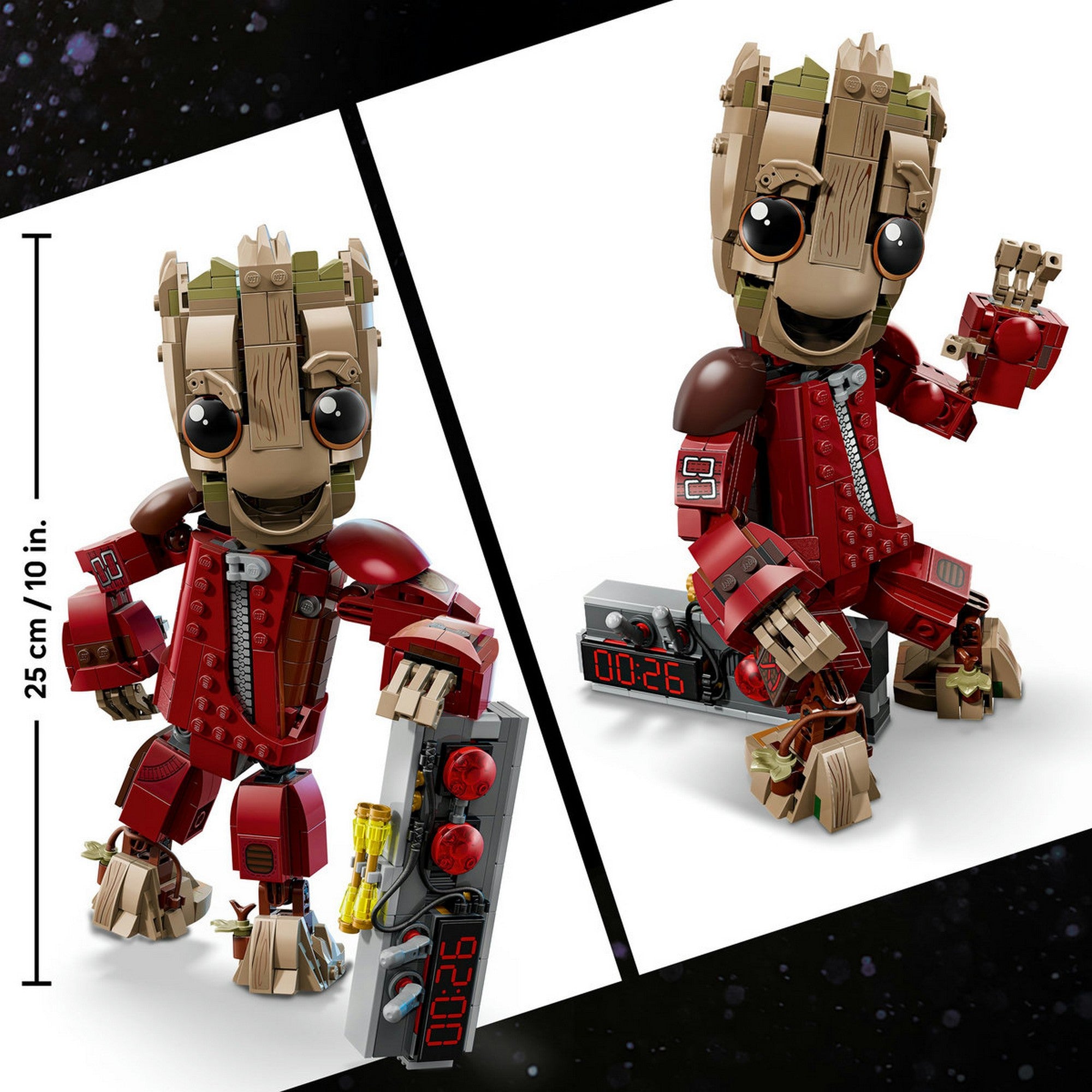 LEGO Marvel Ravager Jumpsuit Groot 76341 megépített figura különböző pózokban, kb. 25 cm magas Groot modell, piros Ravager öltözékben és időzítős robbanószerkezettel