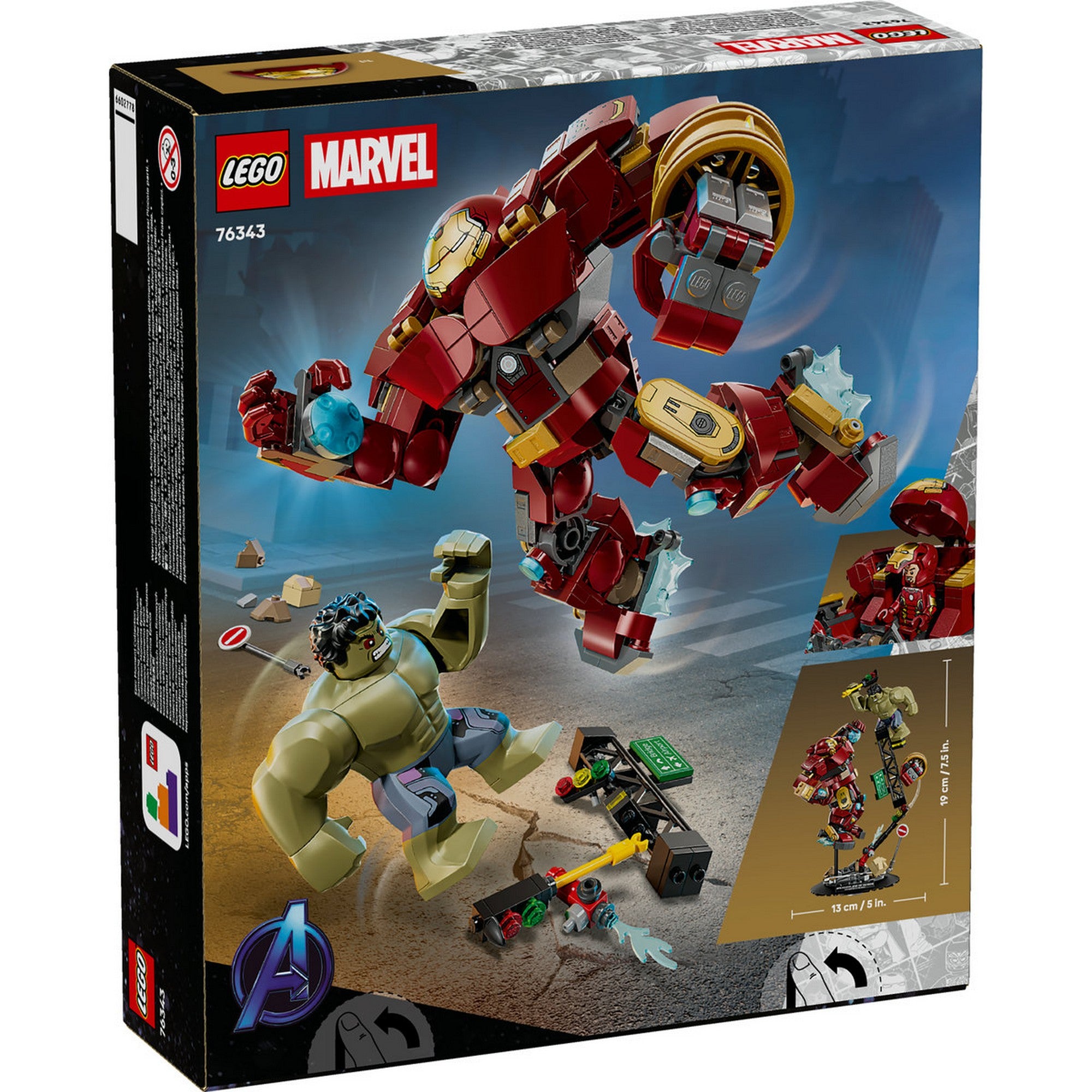 LEGO Marvel Epic Battle: Hulkbuster vs. The Hulk 76343 – a doboz hátoldala, akciófunkciók és a figurák bemutatása.