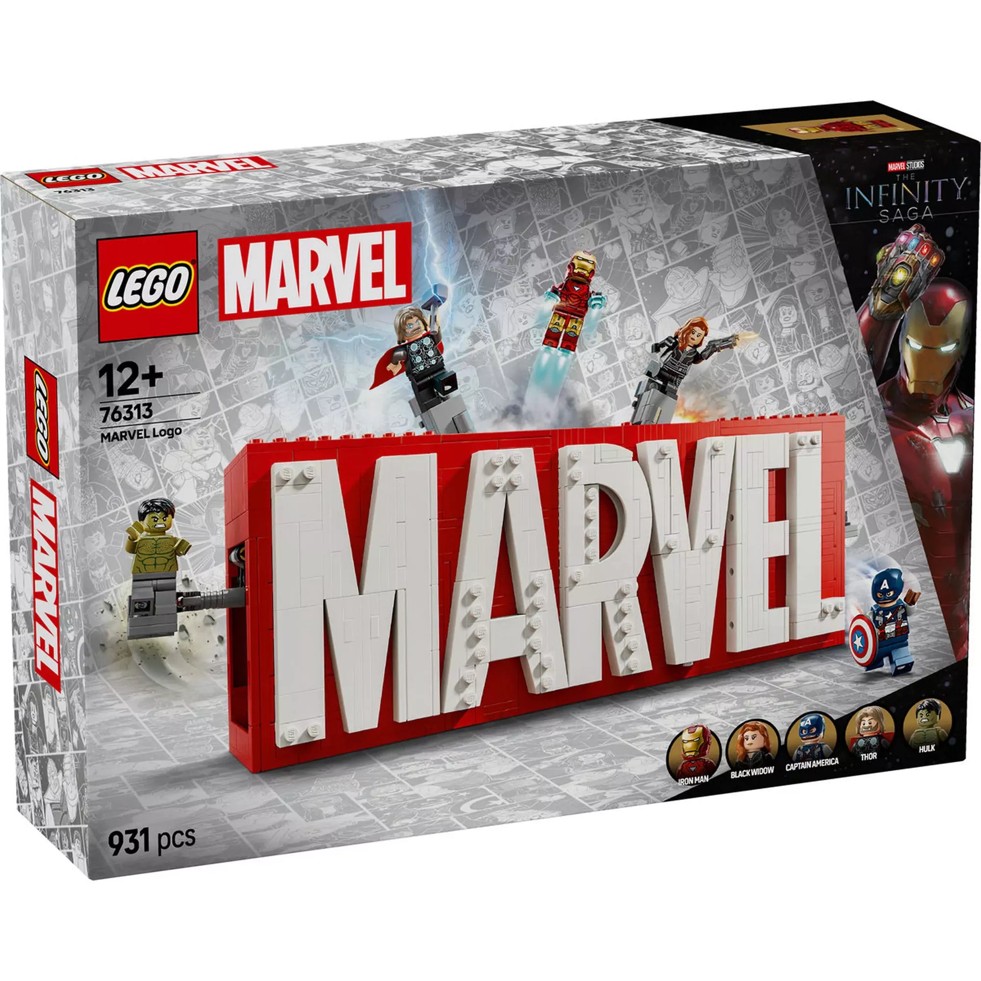 LEGO Marvel MARVEL logó és minifigurák (76313) dobozkép a termékkel és minifigurákkal: Hulk, Thor, Vasember, Fekete Özvegy és Amerika Kapitány.