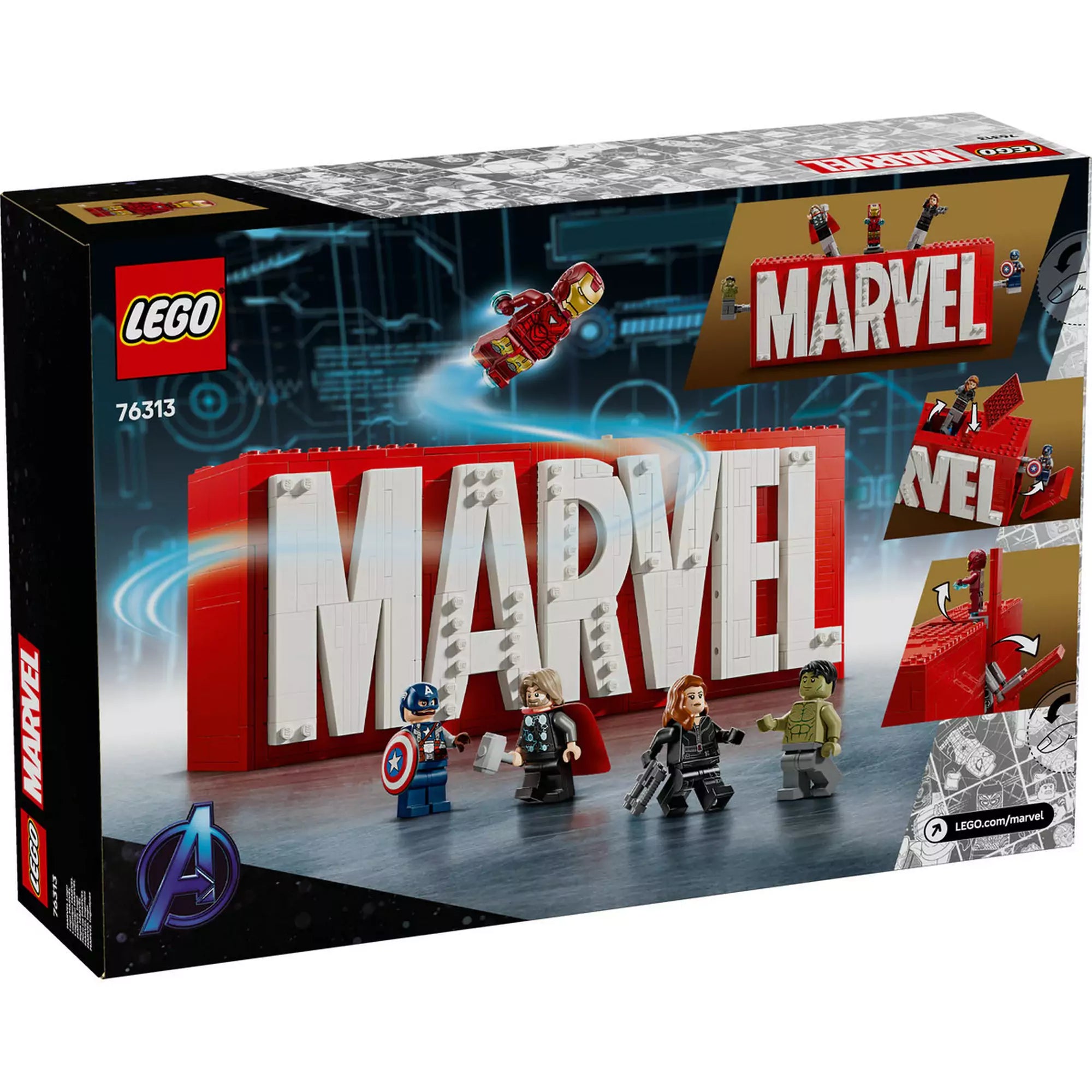 LEGO Marvel MARVEL logó és minifigurák (76313) dobozhátoldal funkciók bemutatásával, kitörő minifigurák és interaktív elemek.