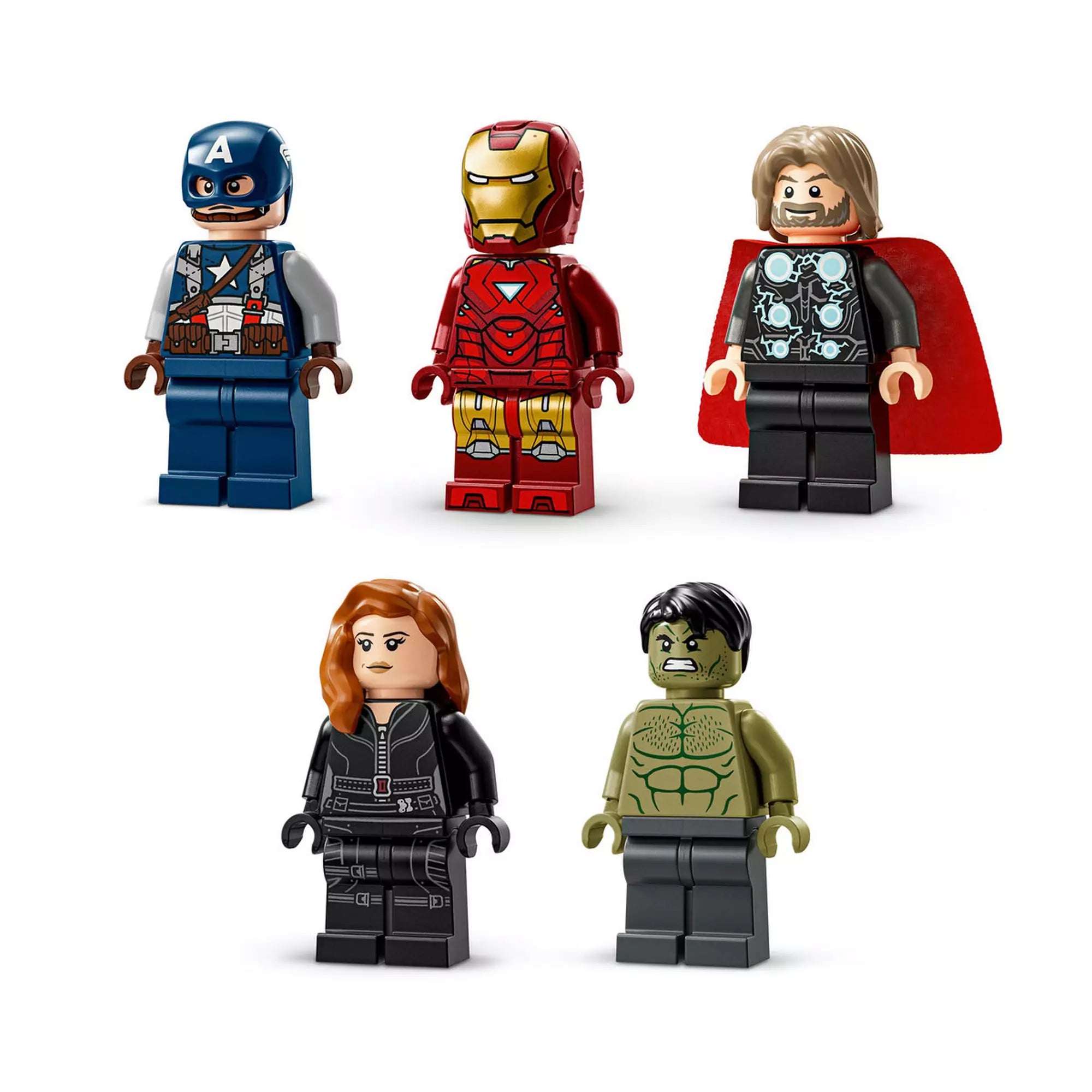 A LEGO Marvel MARVEL logó és minifigurák (76313) minifigurái: Vasember, Thor, Fekete Özvegy, Hulk és Amerika Kapitány.
