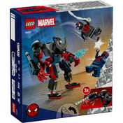 LEGO Marvel Miles Morales Mech vs. Spider-Man 2099 (76337) – A doboz hátoldala, játékfunkciók, mozgatható robotkarok és harci jelenet bemutatása.