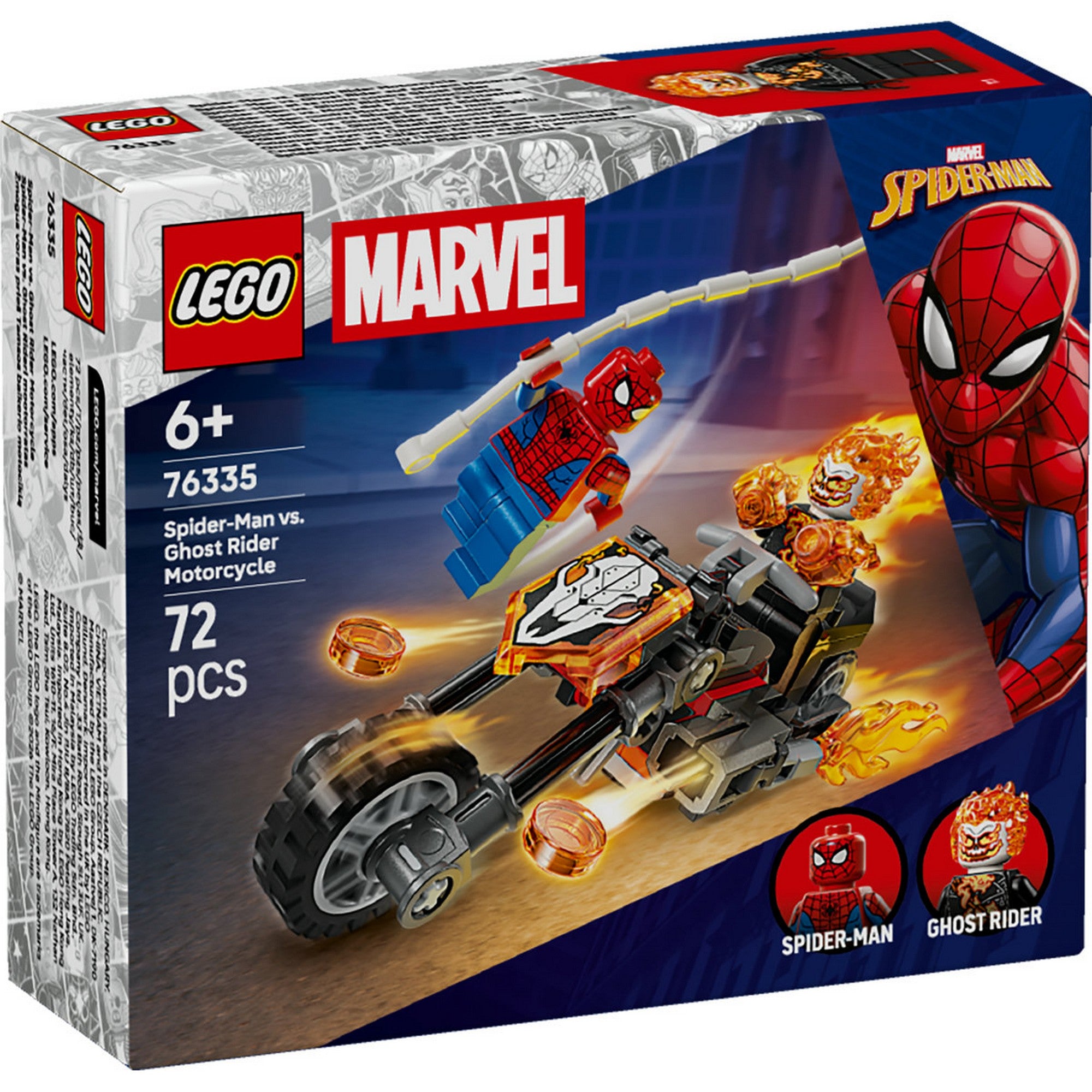 LEGO Marvel Spider-Man vs. Ghost Rider Motorcycle (76335) – A készlet dobozának előlapja, Spider-Man és Ghost Rider lángoló motoros üldözésben.