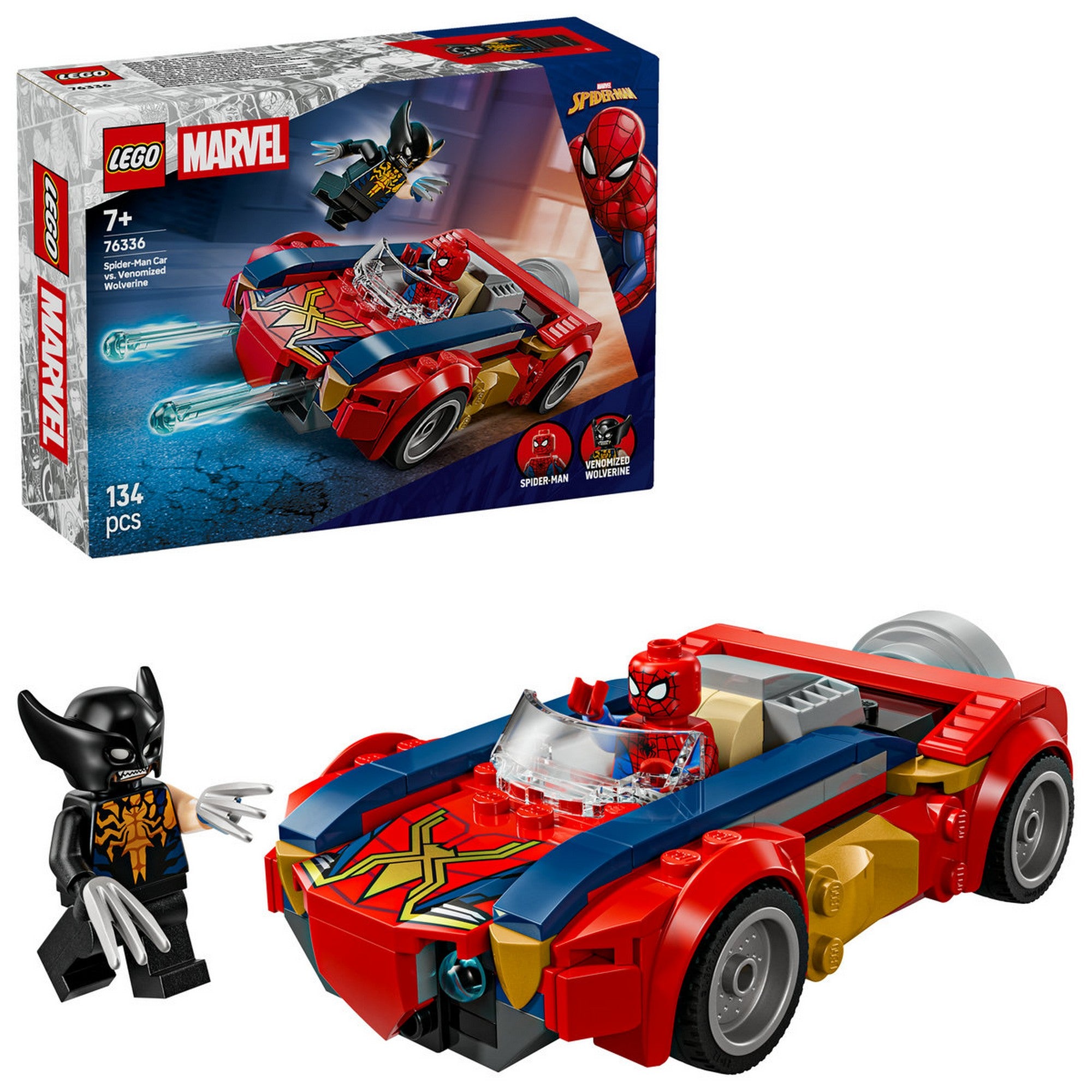LEGO Marvel Spider-Man Car vs. Venomized Wolverine (76336) – A készlet kibontva, Spider-Man piros sportautója és a Venomizált Wolverine minifigura.