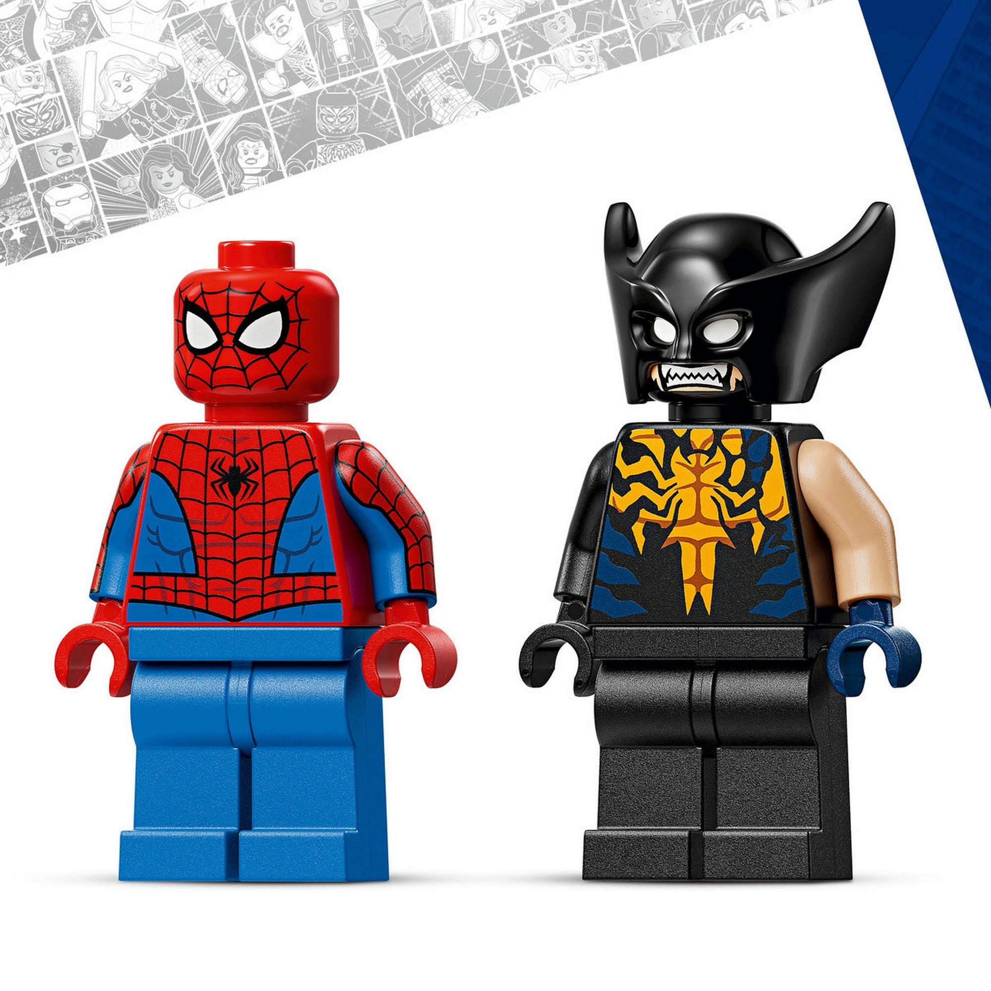LEGO Marvel Spider-Man Car vs. Venomized Wolverine (76336) – Spider-Man és Venomizált Wolverine minifigurák közelről, részletes arcmintázattal.