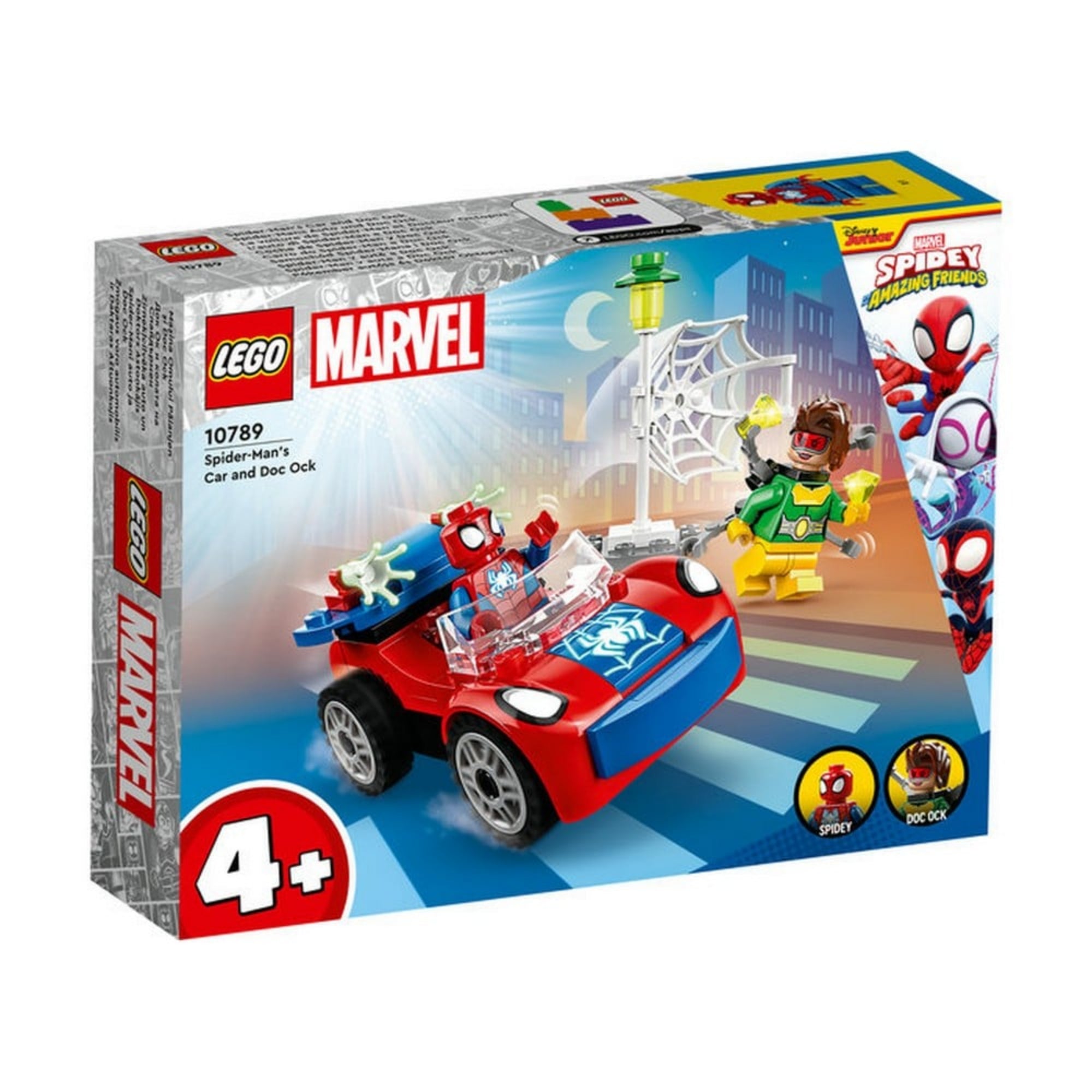 LEGO Marvel 10789 készlet doboza, amely Pókember autóját és Doktor Oktopuszt ábrázolja, élénk háttérrel és 4+ korosztály jelöléssel.