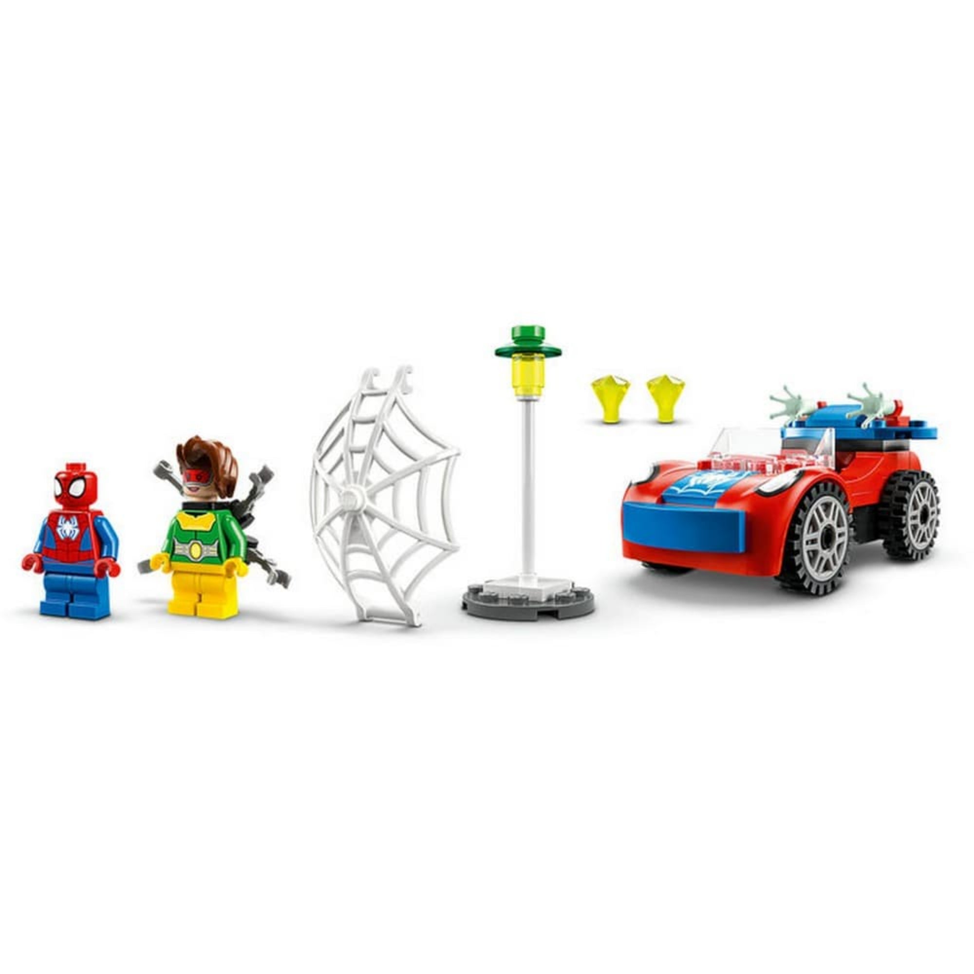 A LEGO Marvel Pókember autója és Doktor Oktopusz készlet elemei külön elrendezve: két minifigura, egy hálóelem, lámpaoszlop, sárga kristályok és egy piros-kék jármű.