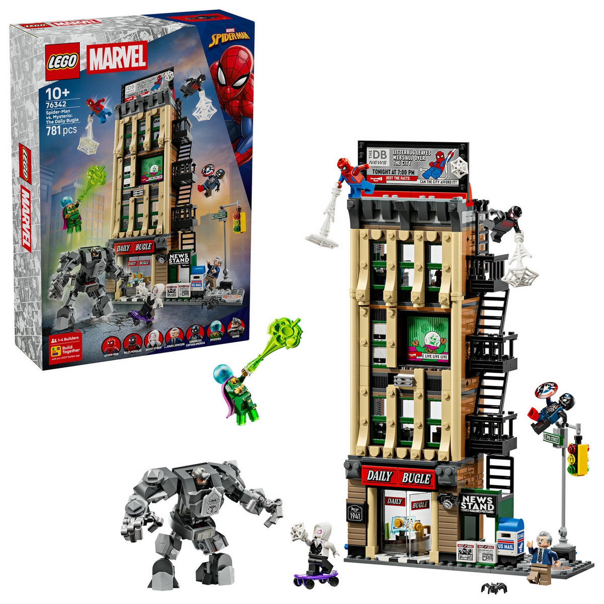 LEGO Marvel Spider-Man vs. Mysterio: The Daily Bugle 76342 – a megépített Daily Bugle épület minifigurákkal és akciójelenettel.