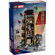 LEGO Marvel Spider-Man vs. Mysterio: The Daily Bugle 76342 – a doboz hátoldala, belső szintek, játékfunkciók és figurák bemutatása.