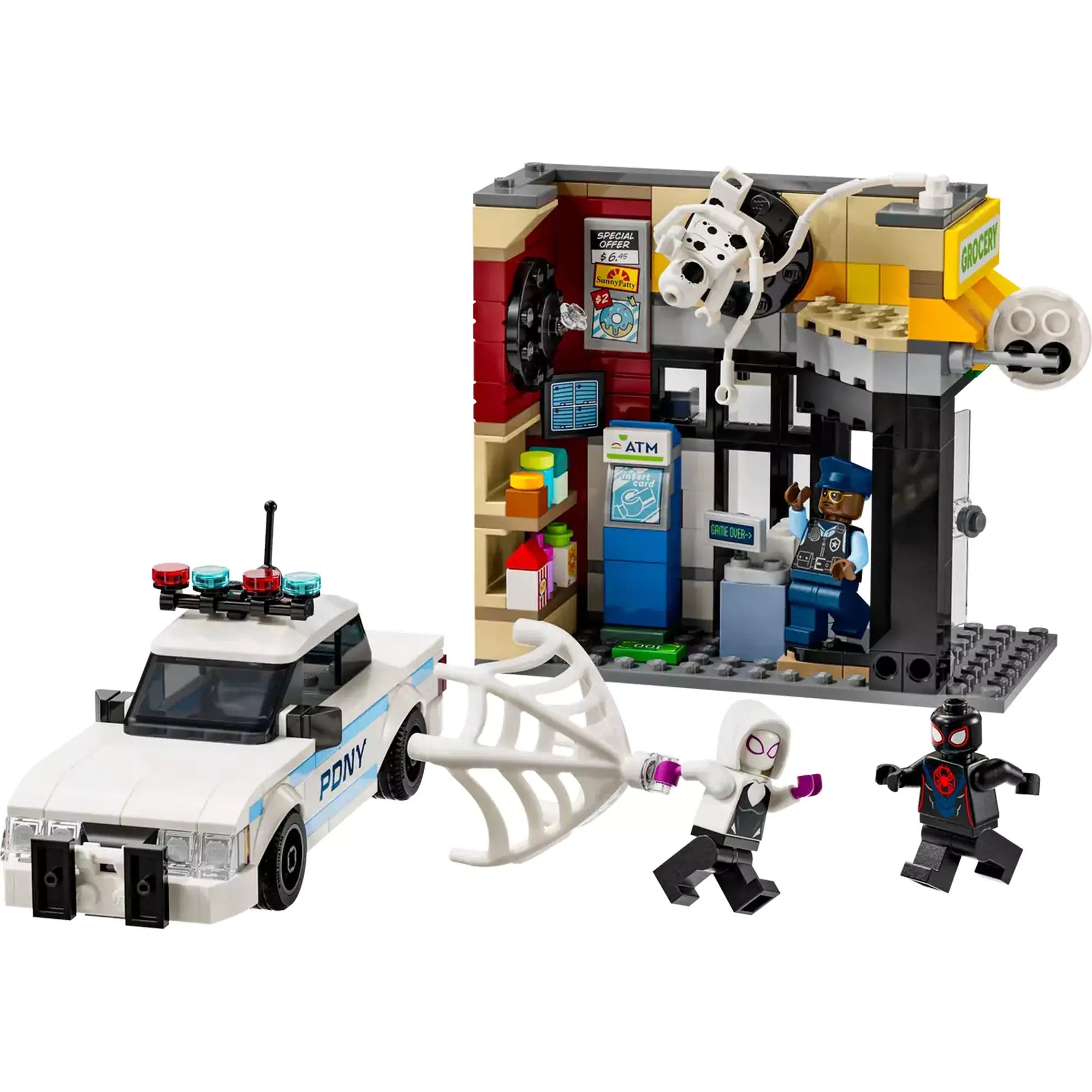 A ,,LEGO Pókverzum: Miles Morales vs. Spot 76311" szett építőelemei, köztük a bolt és rendőrautó, valamint a karakterek: Miles Morales, Gwen Stacy, The Spot és Jefferson rendőr.