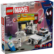  A ,,LEGO Pókverzum: Miles Morales vs. Spot 76311" szett dobozának előlapja, amely kiemeli a főbb karaktereket és az ikonikus jeleneteket.
