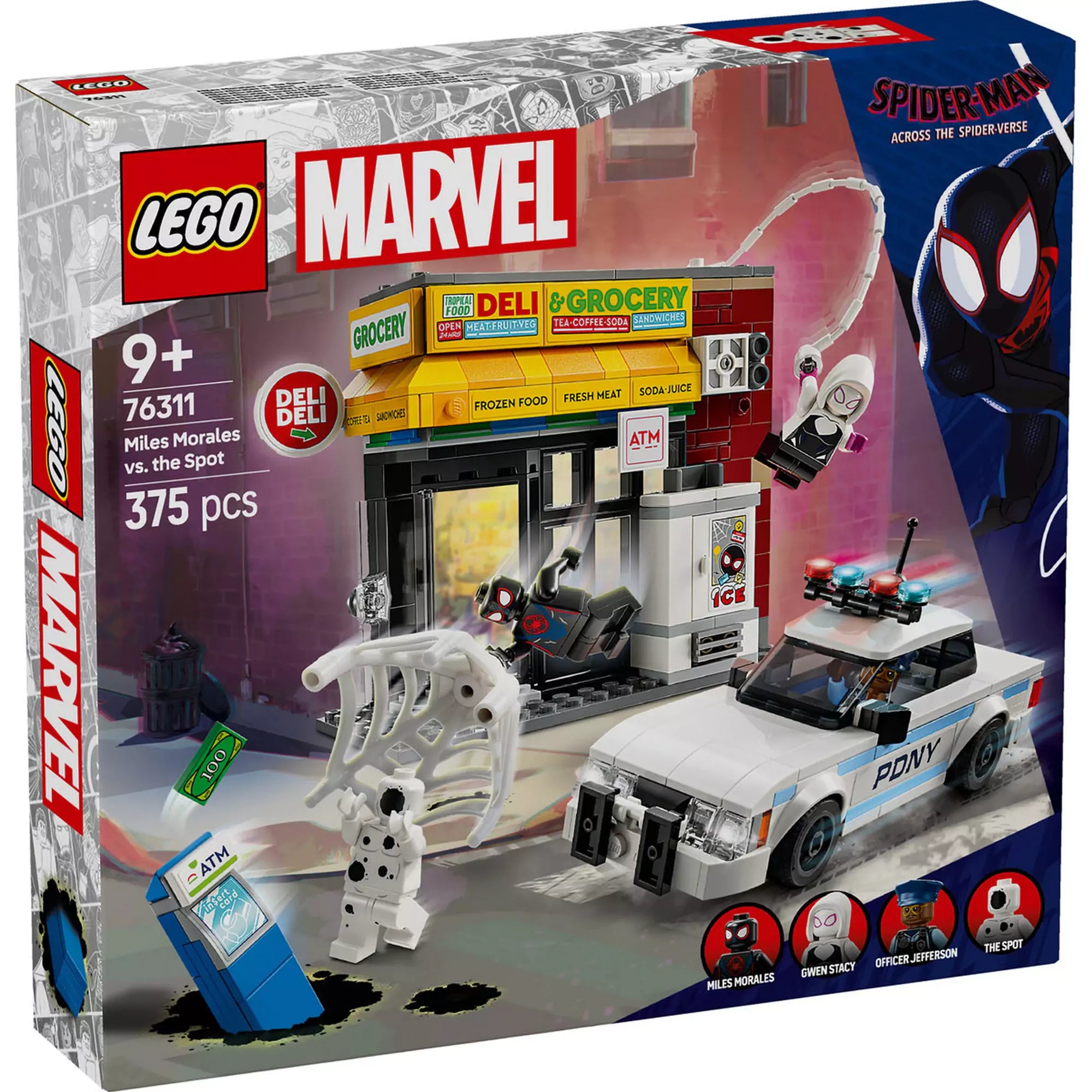  A ,,LEGO Pókverzum: Miles Morales vs. Spot 76311" szett dobozának előlapja, amely kiemeli a főbb karaktereket és az ikonikus jeleneteket.