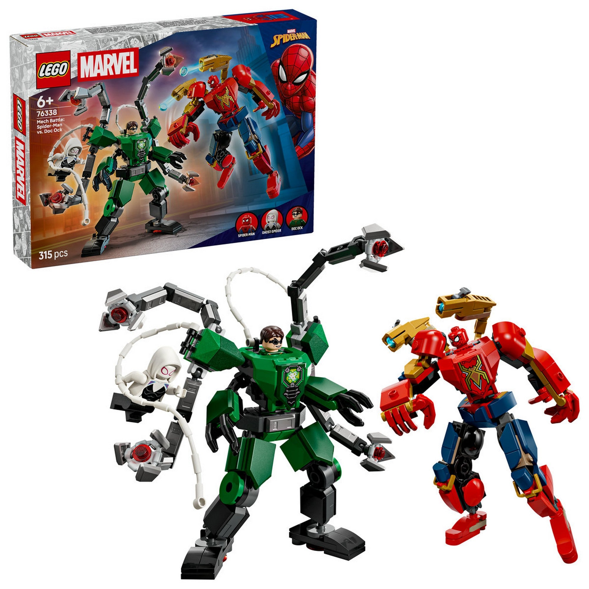 LEGO Marvel Mech Battle: Spider-Man vs. Doc Ock (76338) – A készlet teljes tartalma, Spider-Man és Doc Ock robotfigurákkal akció közben.