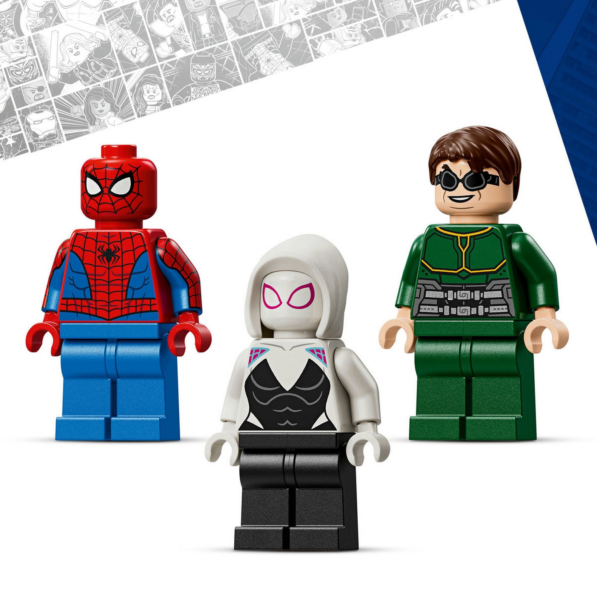 LEGO Marvel Mech Battle: Spider-Man vs. Doc Ock (76338) – Spider-Man, Ghost-Spider és Doc Ock minifigurák közelről bemutatva.