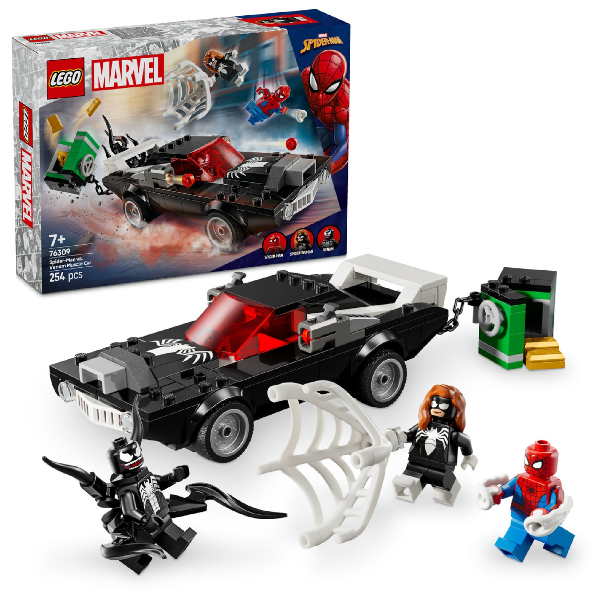 A LEGO Marvel Spider-Man vs. Venom izomautó játékkészlet képe, ahol látható a doboz, a Venom vezette izomautó, és a szereplők, köztük Spider-Man, Spider-Woman és Venom minifigurák.