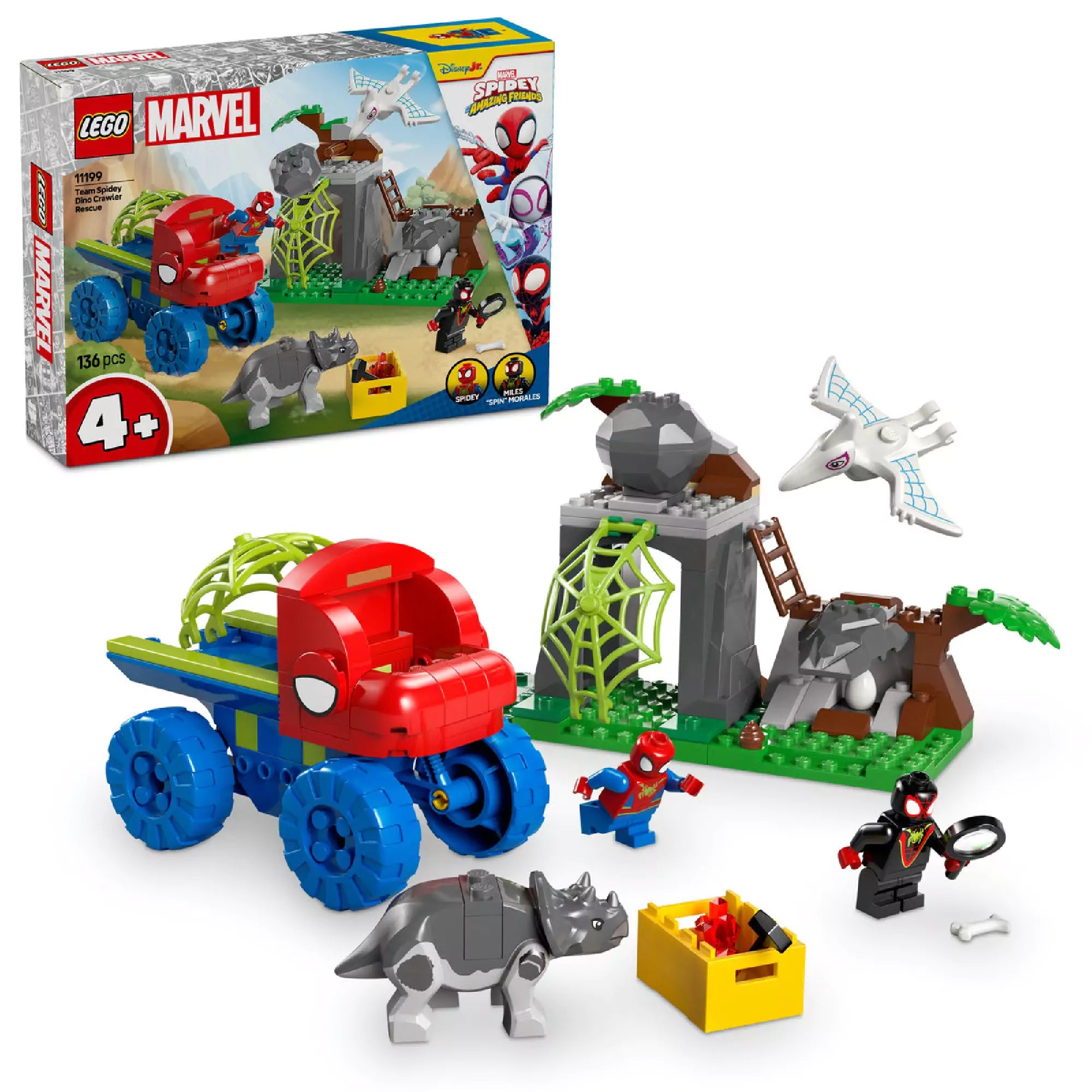 A LEGO Marvel Super Heroes 11199 Team Spidey Dino Crawler Rescue készlet, amely tartalmazza a dino-camiont, Spidey és Miles „Spin” Morales minifigurákat, valamint egy triceratopsz dinoszauruszt. A háttérben egy sziklás terület, pókfonál és egy dino tojás, miközben Spidey éppen fut a dino-camion mellett.