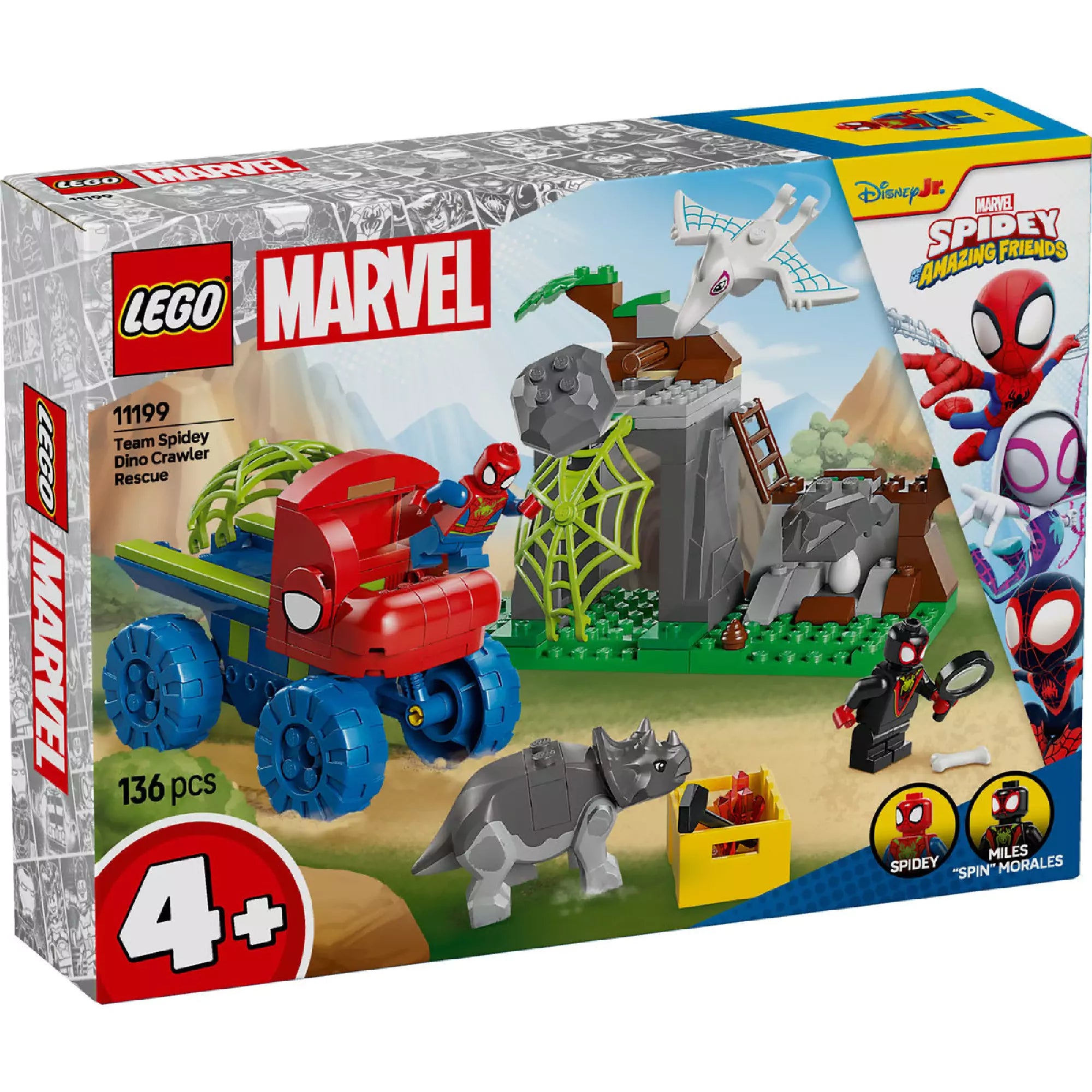 LEGO Marvel Super Heroes – Spidey és Gobby: Dino Crawler Mentőakció (11199) készlet, Spidey és Miles Morales minifigurákkal, dino kamionnal, dinoszauruszokkal és egy pókfonál funkcióval.