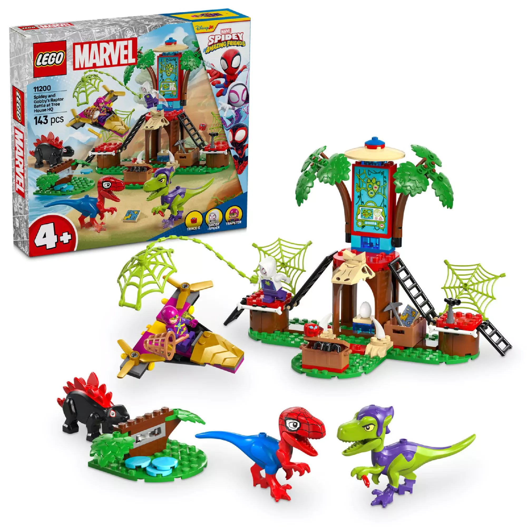 A kép a LEGO Marvel Super Heroes Spidey vs. Gobby (11200) készletet ábrázolja. A készlet tartalmazza a fészekházat, Spidey és Gobby dinoszaurusz figuráit, valamint egy helikoptert. Emellett láthatók pók hálók, kiegészítő elemek, és a játékterület, amely dínószerű tájat ábrázol, valamint a karakterek kalandját. A csomag tartalmazza a színes építőkockákat, amelyek segítségével a gyermekek a saját történeteiket hozhatják létre.