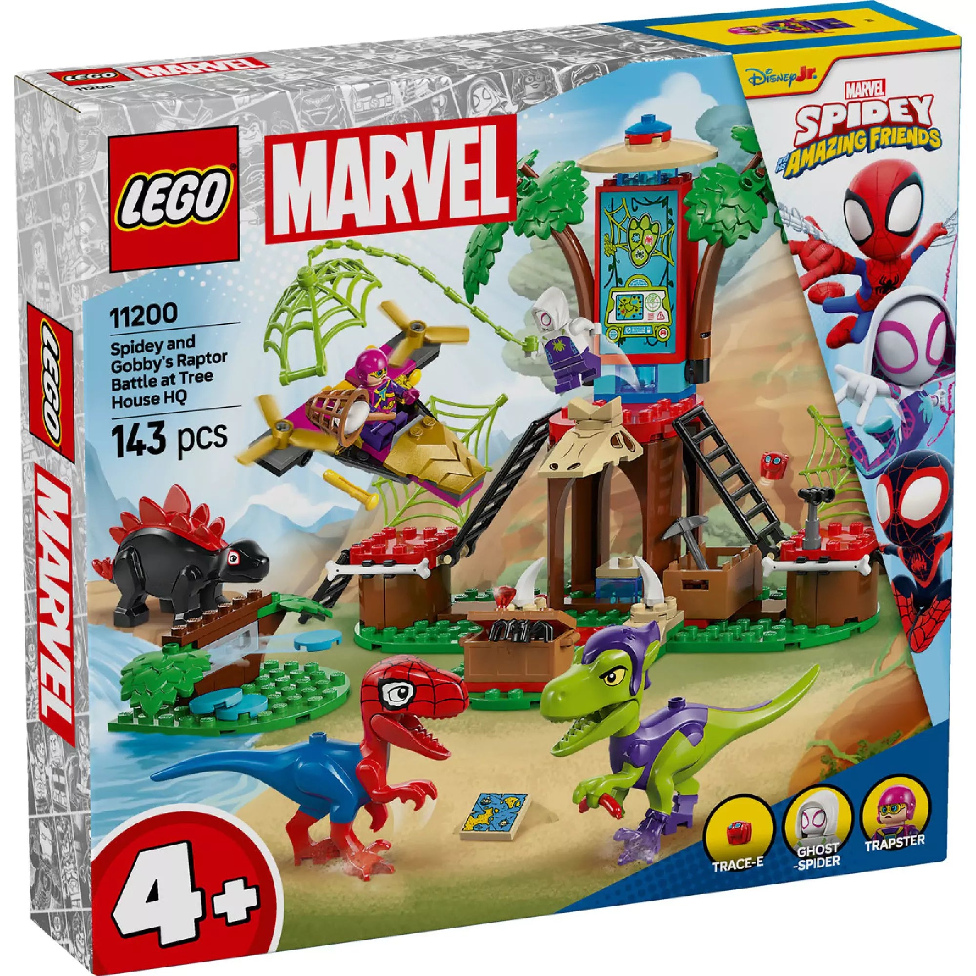 A LEGO Marvel Super Heroes Spidey vs. Gobby (11200) szett egy izgalmas fészekházat, három szuperhőst, két dino-vehiklit és kiegészítőket ábrázol. A képen a fészekház és a játékfigurák láthatók a különböző elemekkel, mint a pók hálók és a kincsesládák.