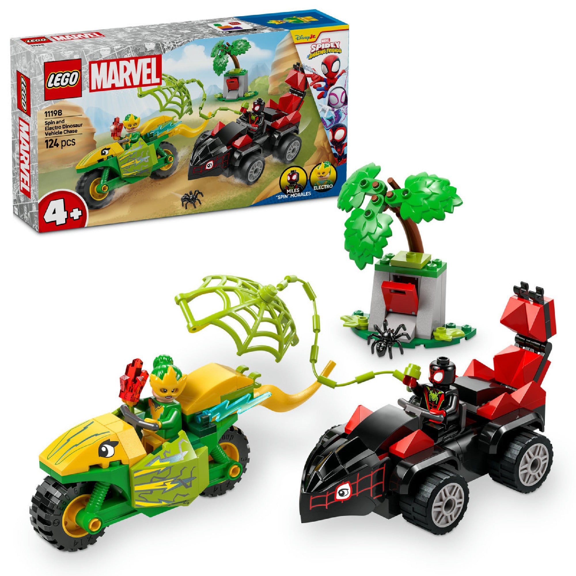 Egy LEGO Marvel Super Heroes Spin és Electro dino-járműves készlet (11198) tartalmát bemutató kép, amelyen látható a stegoszaurusz formájú autóban ülő Miles "Spin" Morales, a dilophosaurus formájú motoron ülő Electro, egy fa kiegészítő és különböző játékelemek, például a pókfonal és egy kis pók.