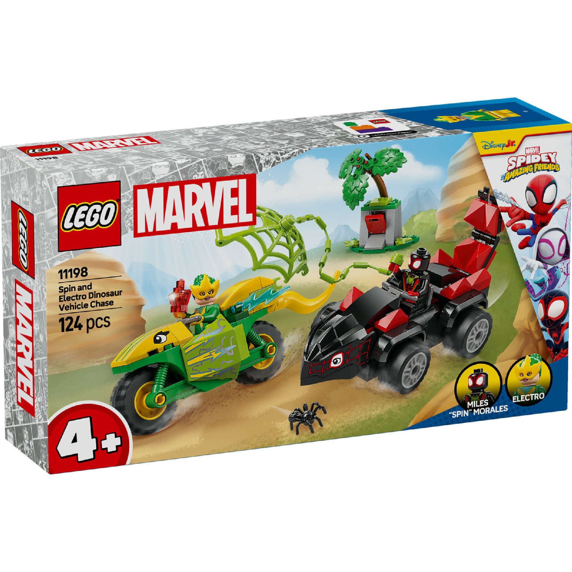 LEGO Marvel Super Heroes Spin és Electro dino-járműves készlet (11198), tartalmaz 2 szuperhős minifigurát, stegoszaurusz autót és dilophosaurus motort, kreatív kalandokhoz.