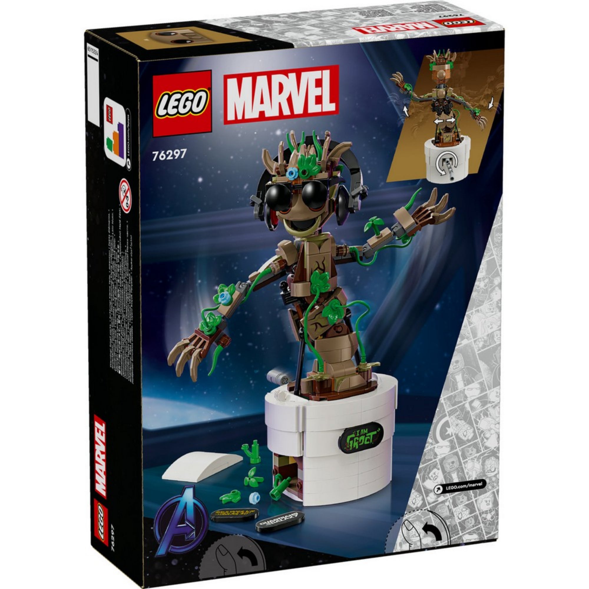 A LEGO Marvel Táncoló Groot (76297) szett dobozának hátoldala, amely a figura mozgatható részeit és táncoló funkcióját mutatja be illusztrációkon.