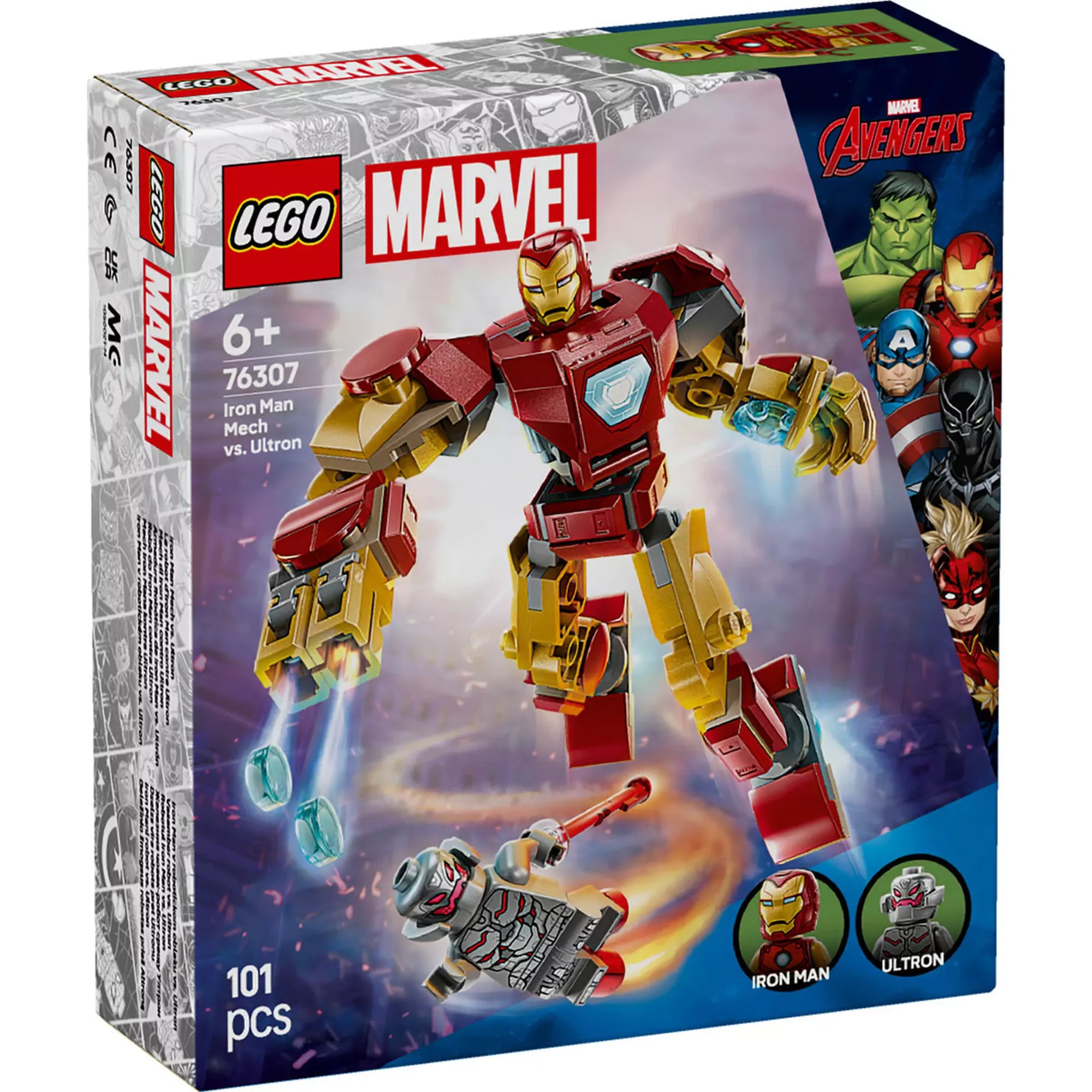 A LEGO Marvel Vasember robot vs. Ultron (76307) csomagolása, amely a dobozon Vasember robotját és Ultront ábrázolja.