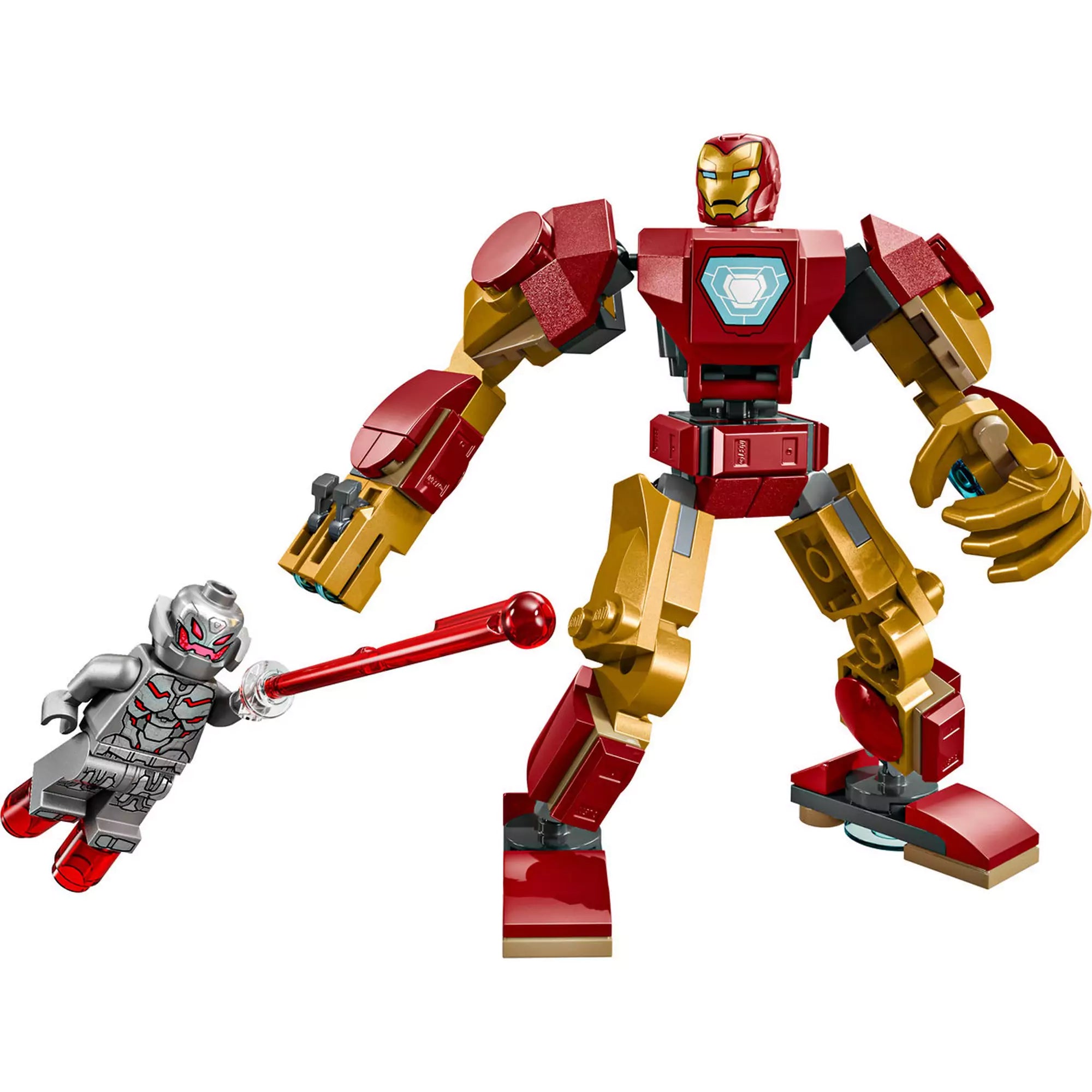 A LEGO Marvel Vasember robot (76307) teljes építmény és az Ultron figura lézerkarddal a kezében, akciópozícióban.