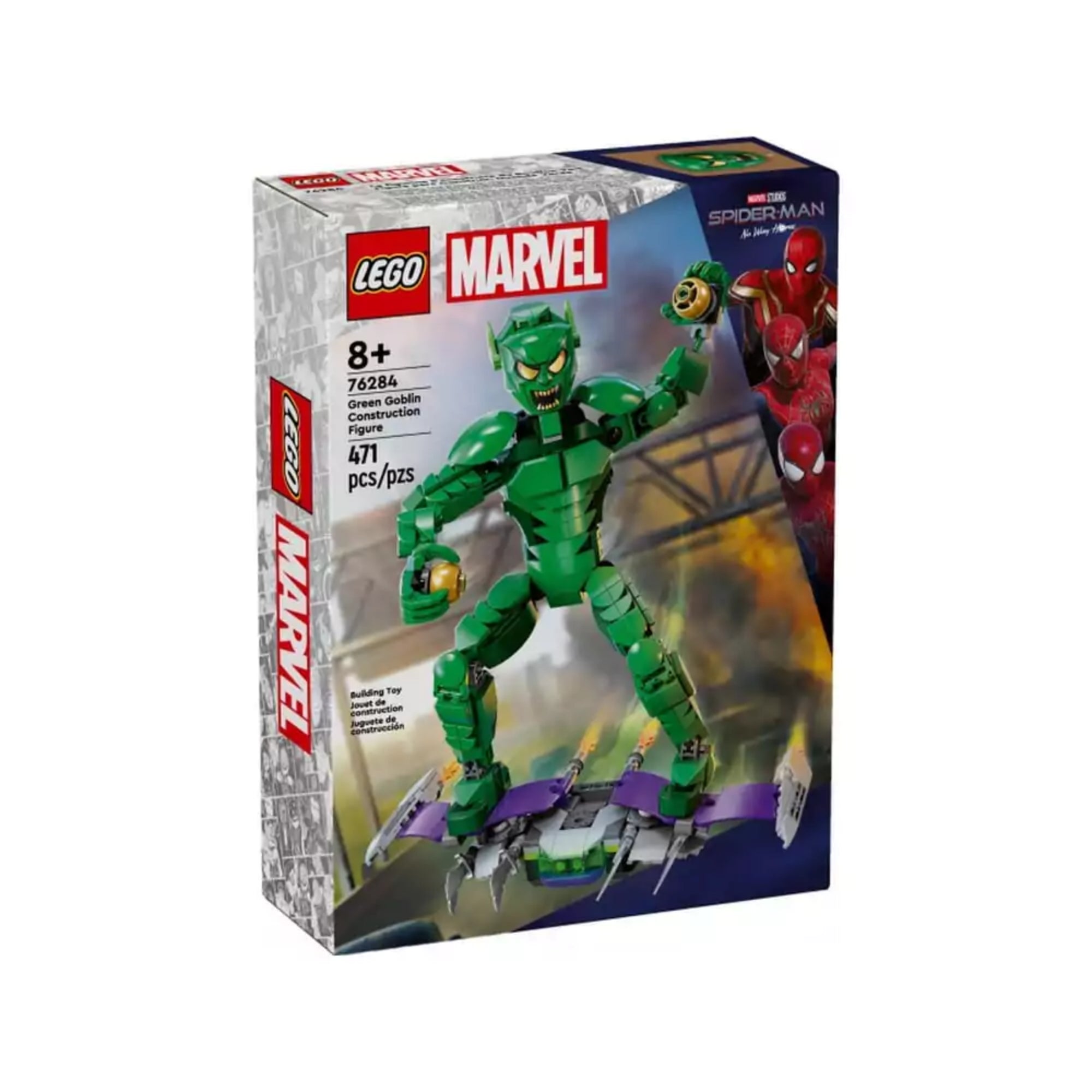 A LEGO Marvel Zöld Manó építőfigura (76284) doboza szemből fotózva, amelyen a zöld színű, pózolható figura látható a lila siklóján állva, háttérben robbanással és Pókember illusztrációval.